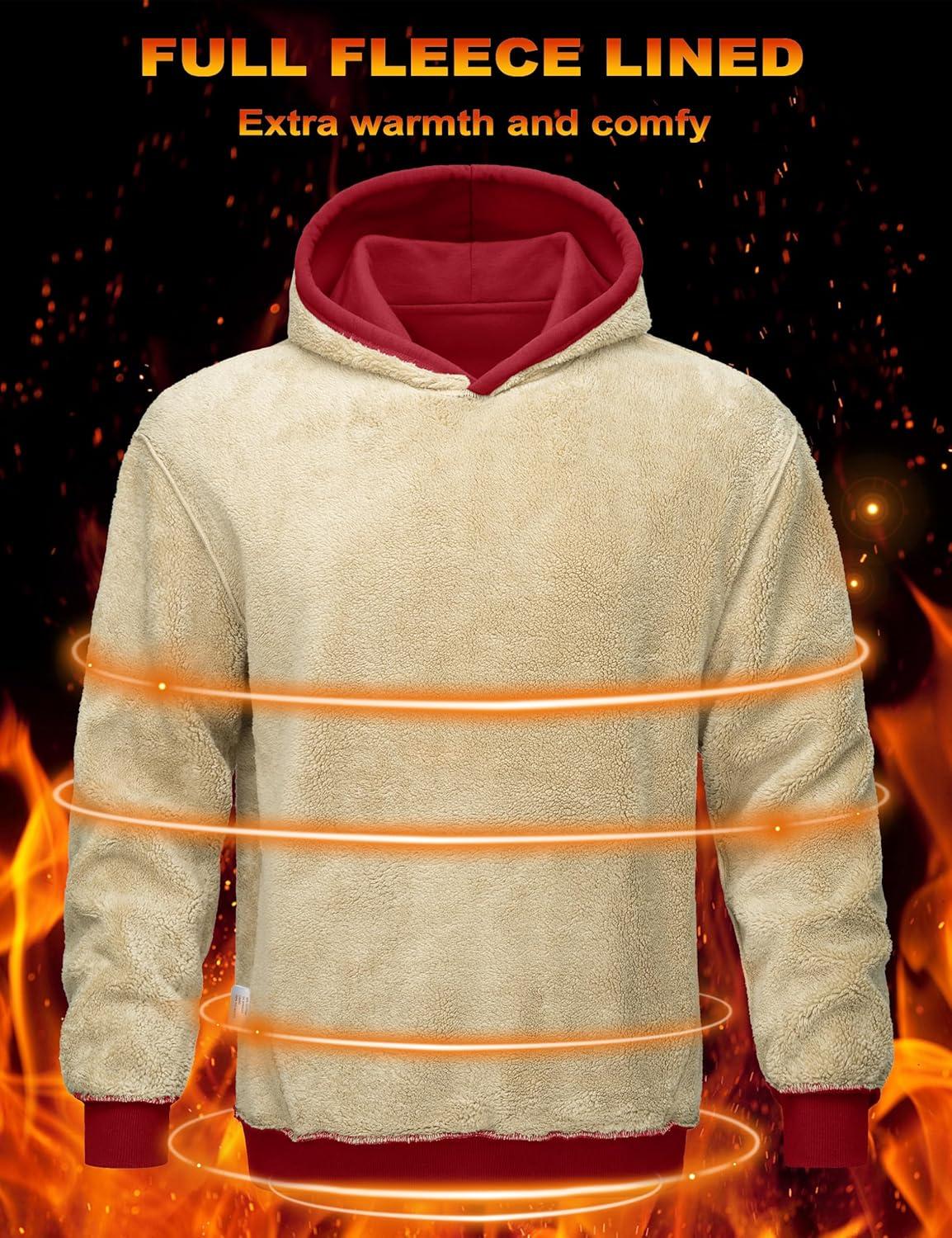 imageMAGCOMSEN Mens Hoodie Pullover Fleece Sweatshirts Heavyweight Sherpa Lined Thick Warm Winter Hoodies with Kangaroo PocketRed