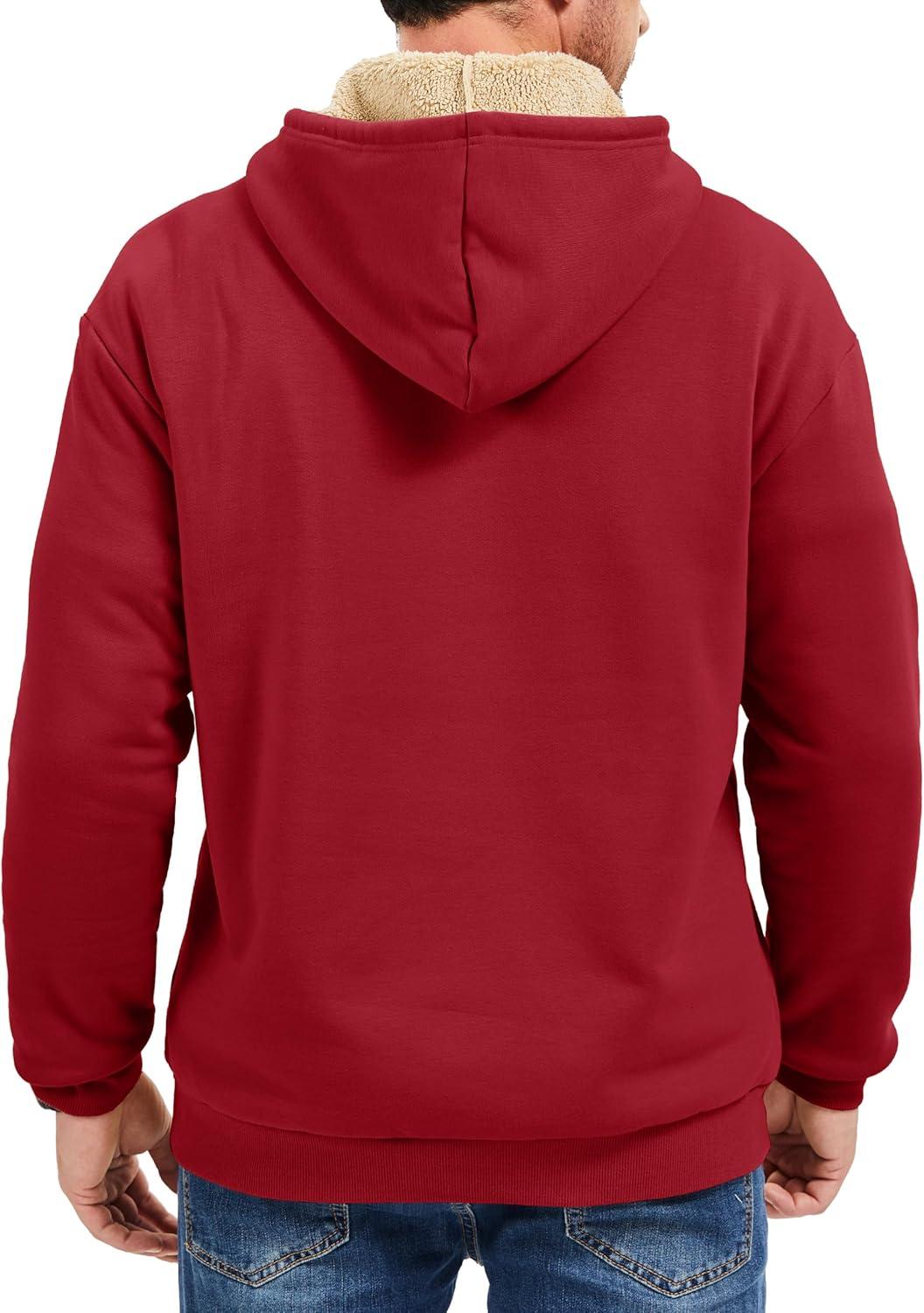 imageMAGCOMSEN Mens Hoodie Pullover Fleece Sweatshirts Heavyweight Sherpa Lined Thick Warm Winter Hoodies with Kangaroo PocketRed