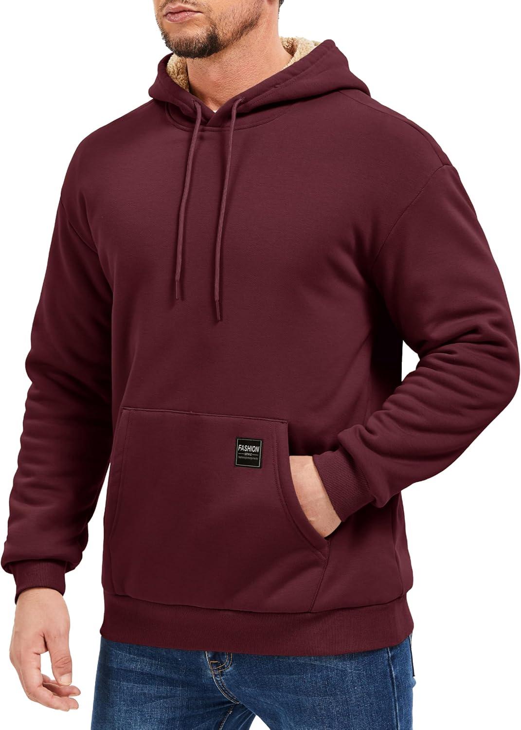 imageMAGCOMSEN Mens Hoodie Pullover Fleece Sweatshirts Heavyweight Sherpa Lined Thick Warm Winter Hoodies with Kangaroo PocketWinered