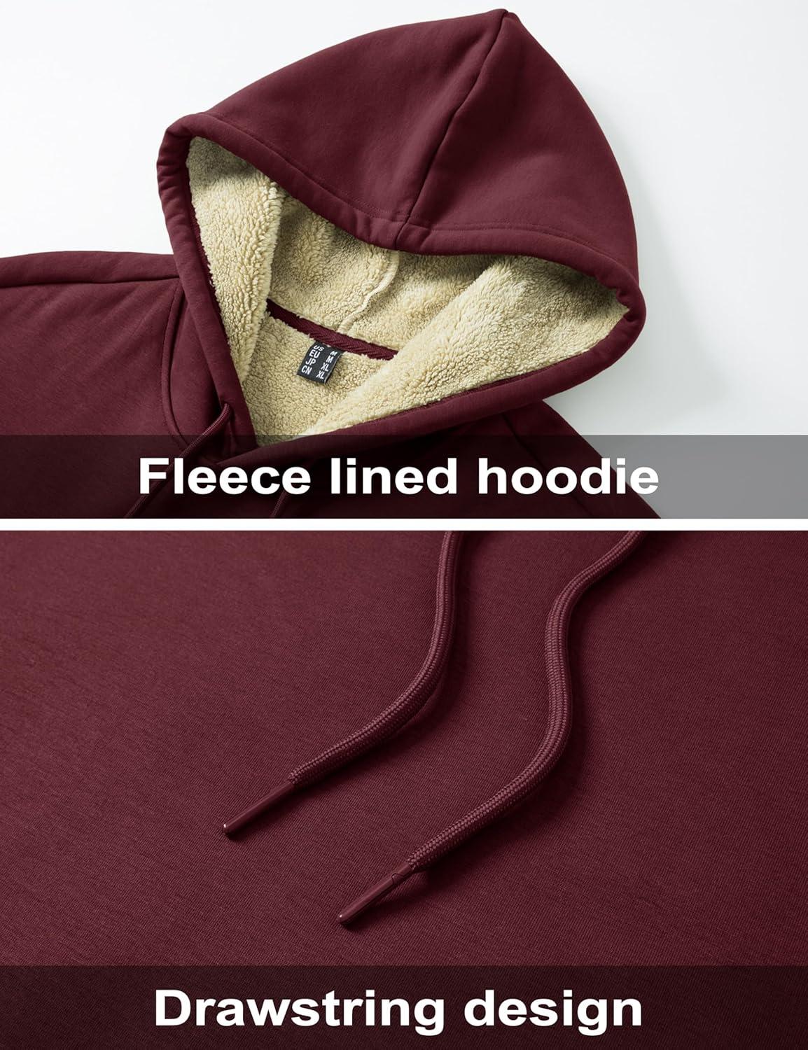 imageMAGCOMSEN Mens Hoodie Pullover Fleece Sweatshirts Heavyweight Sherpa Lined Thick Warm Winter Hoodies with Kangaroo PocketWinered