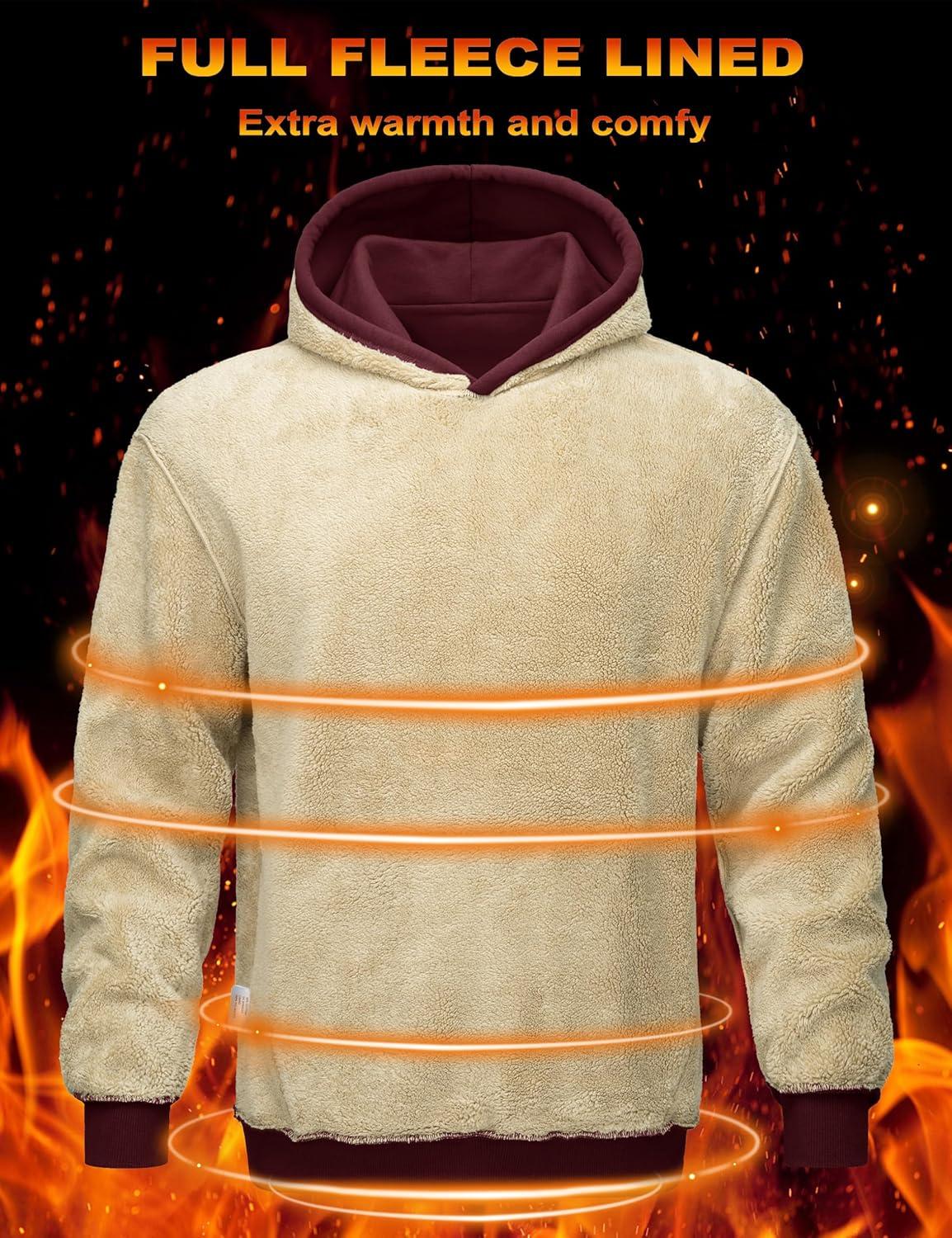 imageMAGCOMSEN Mens Hoodie Pullover Fleece Sweatshirts Heavyweight Sherpa Lined Thick Warm Winter Hoodies with Kangaroo PocketWinered