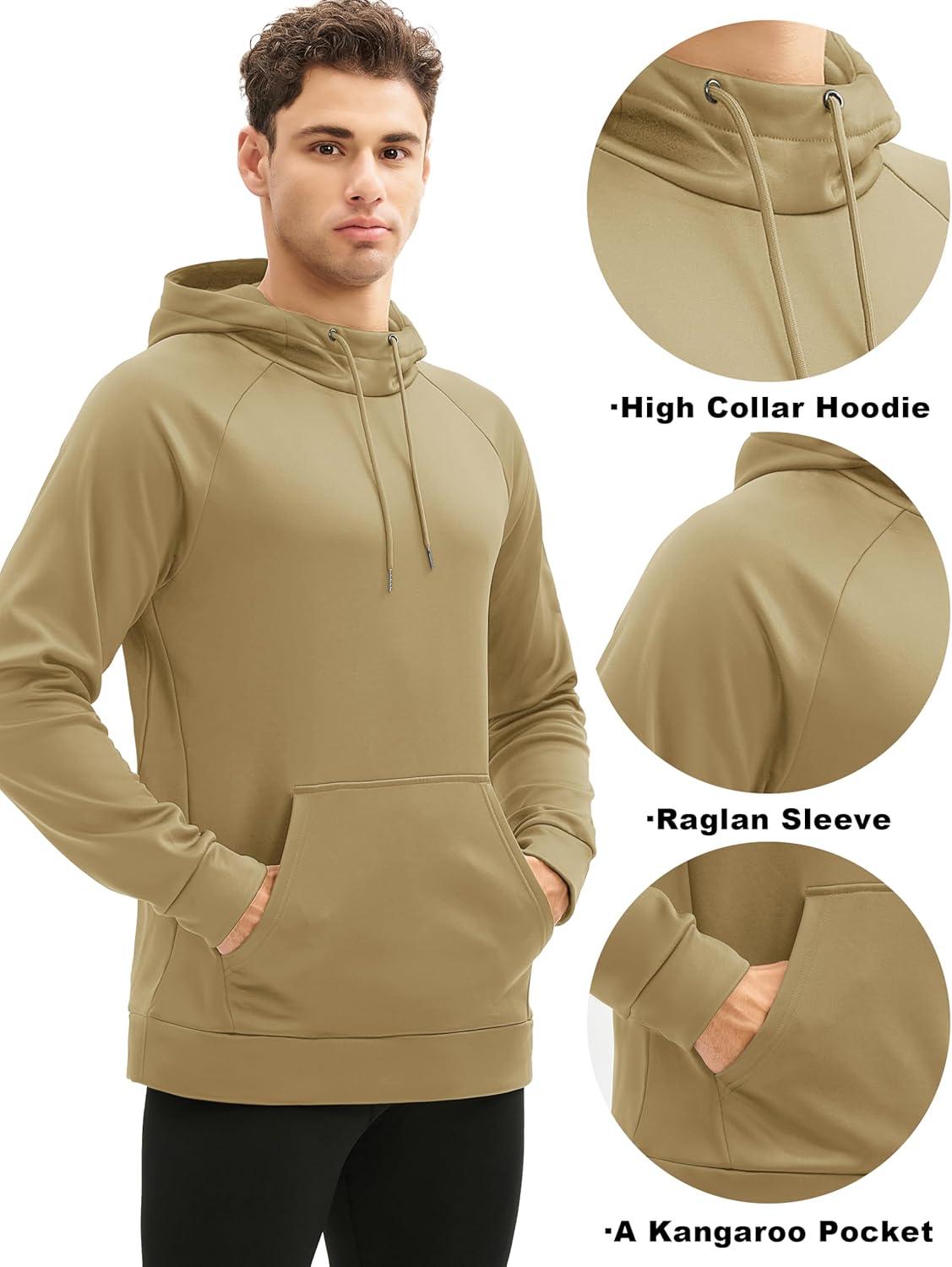 imageMAGCOMSEN Mens Hoodies Fleece Lined Casual Athletic Sweatshirts Pullover with Kangaroo PocketKhaki