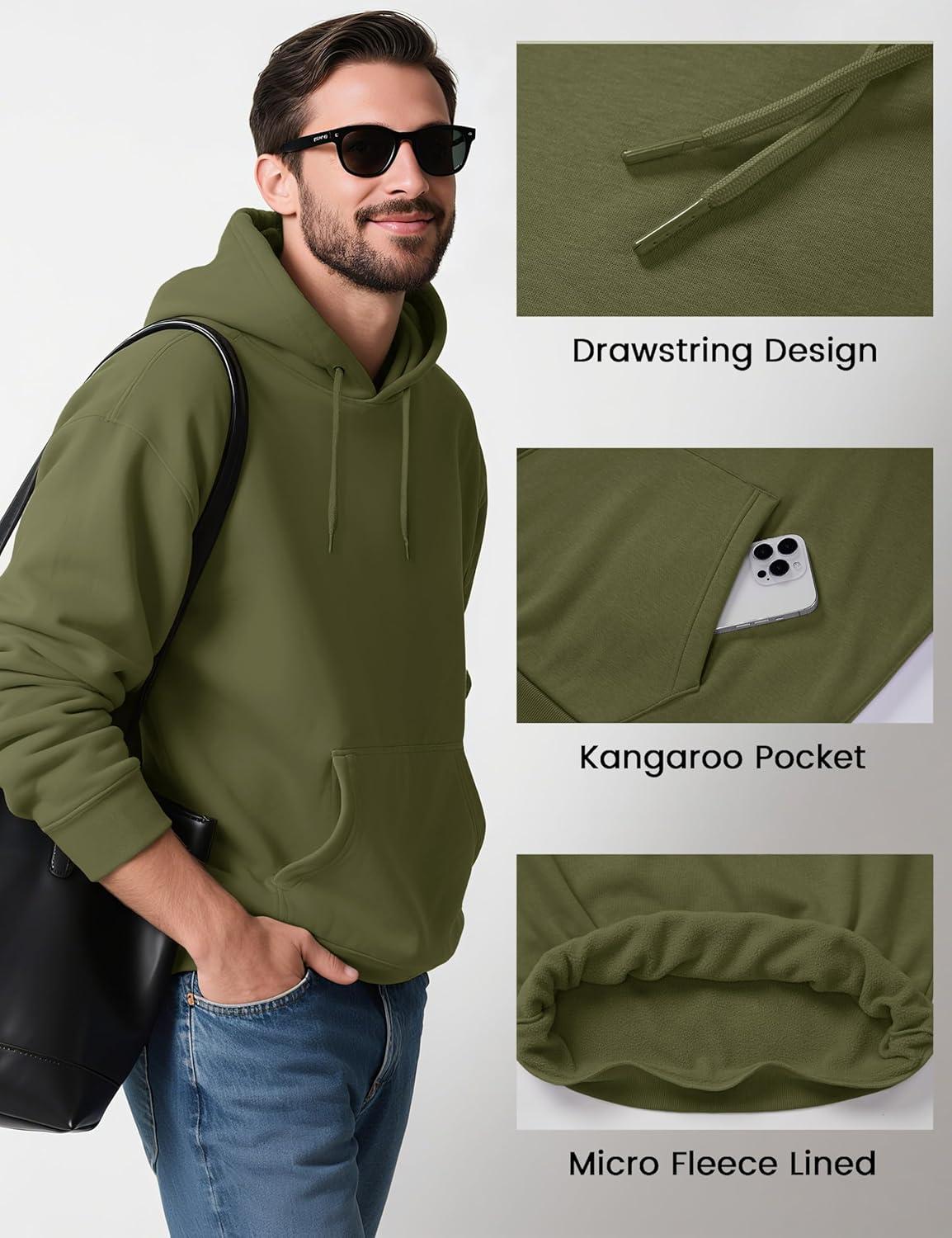imageMAGCOMSEN Mens Hoodies Fleece Lined Sweatshirts Drawstring Casual Workout Midweight Pullover With Kangaroo PocketArmygreen