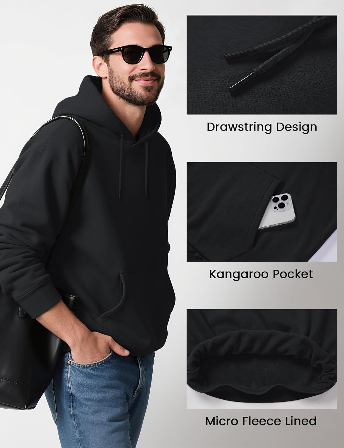 imageMAGCOMSEN Mens Hoodies Fleece Lined Sweatshirts Drawstring Casual Workout Midweight Pullover With Kangaroo PocketBlack