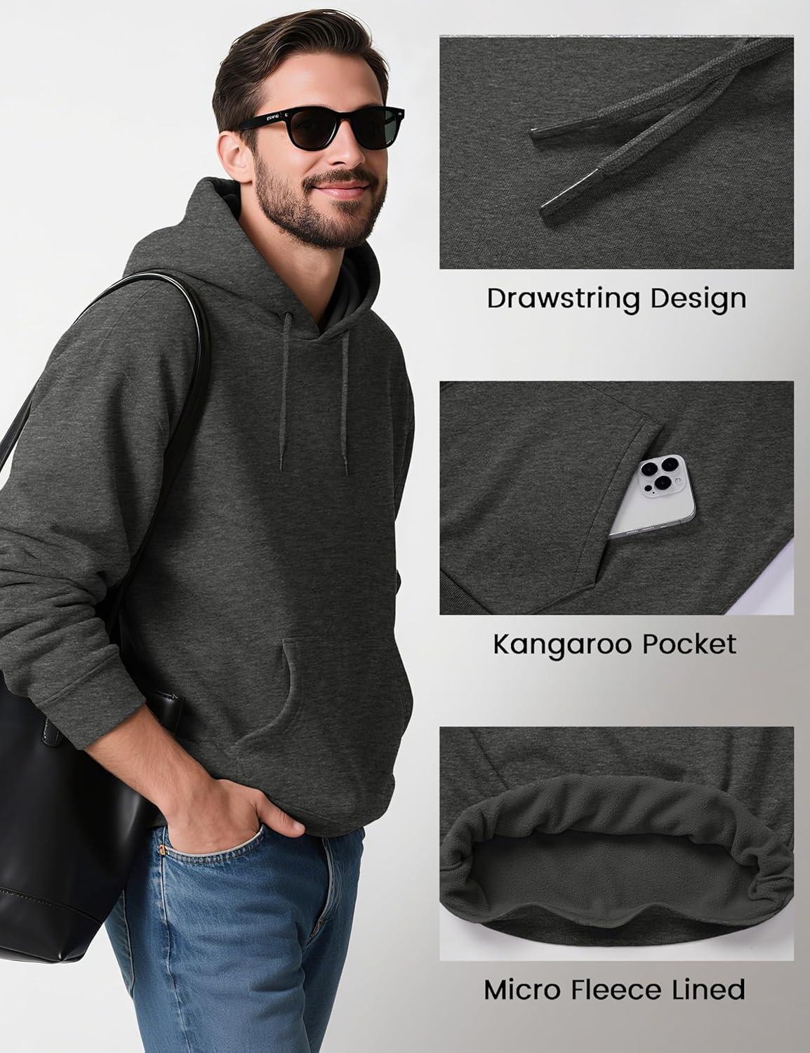 imageMAGCOMSEN Mens Hoodies Fleece Lined Sweatshirts Drawstring Casual Workout Midweight Pullover With Kangaroo PocketGray