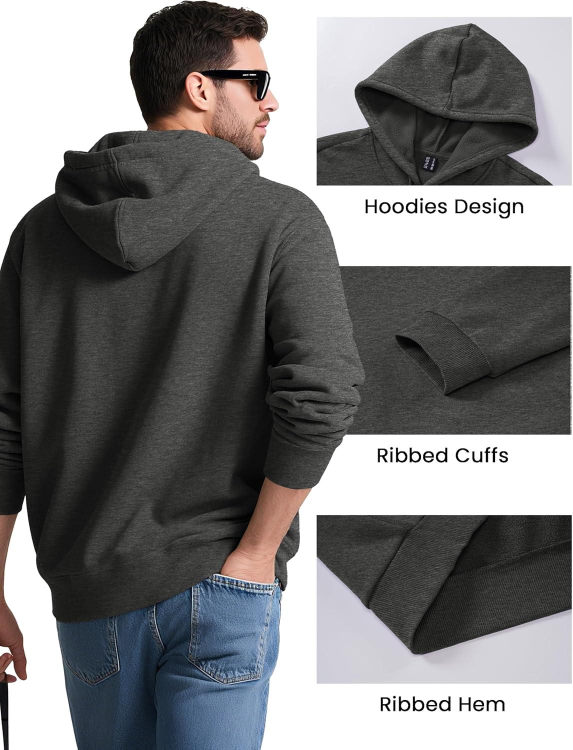 imageMAGCOMSEN Mens Hoodies Fleece Lined Sweatshirts Drawstring Casual Workout Midweight Pullover With Kangaroo PocketGray