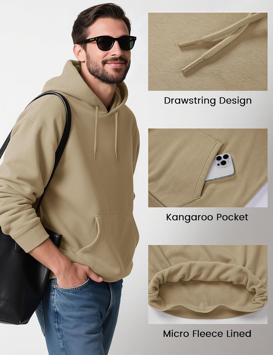 imageMAGCOMSEN Mens Hoodies Fleece Lined Sweatshirts Drawstring Casual Workout Midweight Pullover With Kangaroo PocketKhaki