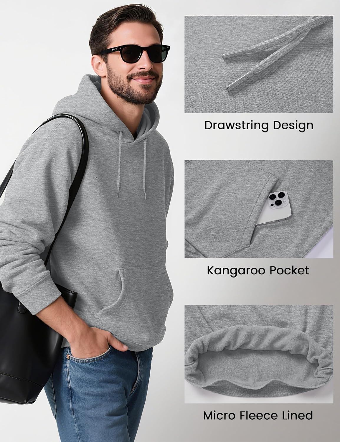 imageMAGCOMSEN Mens Hoodies Fleece Lined Sweatshirts Drawstring Casual Workout Midweight Pullover With Kangaroo PocketLightgray