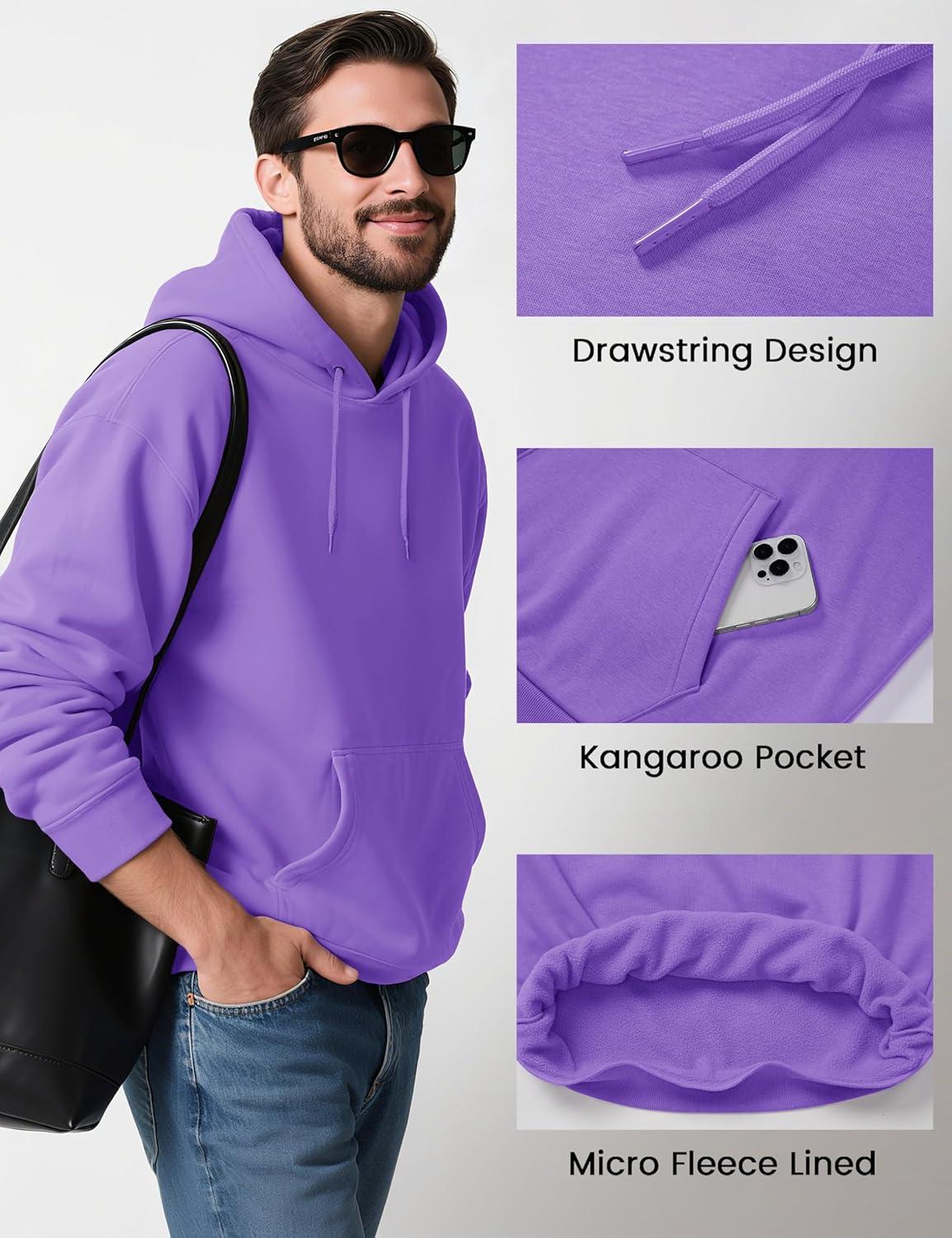 imageMAGCOMSEN Mens Hoodies Fleece Lined Sweatshirts Drawstring Casual Workout Midweight Pullover With Kangaroo PocketLightpurple