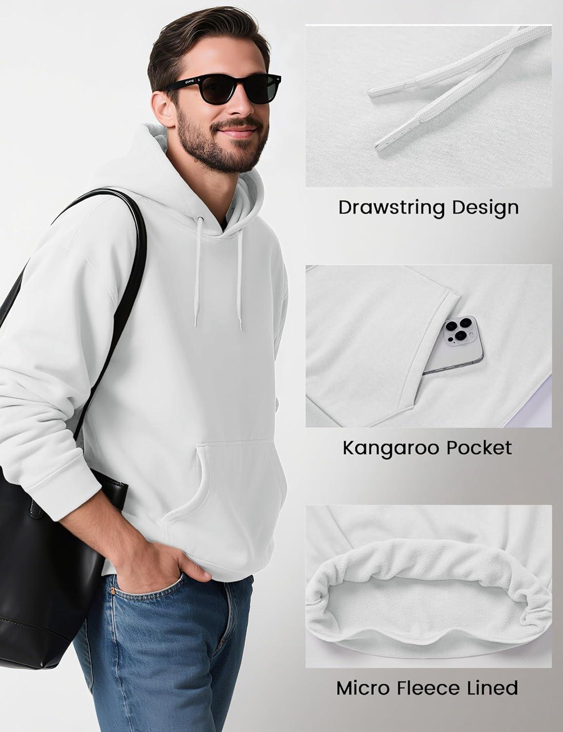 imageMAGCOMSEN Mens Hoodies Fleece Lined Sweatshirts Drawstring Casual Workout Midweight Pullover With Kangaroo PocketWhite