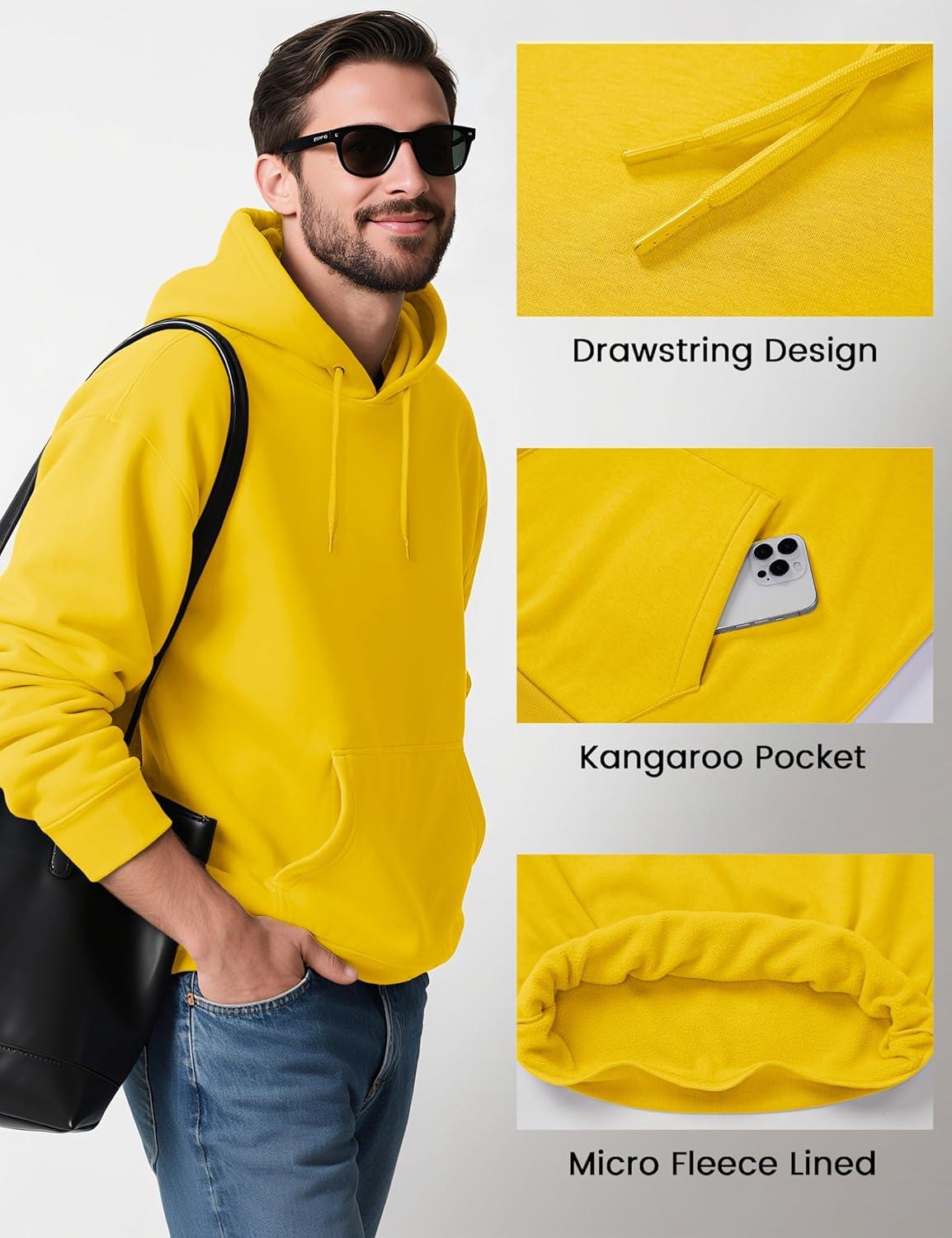 imageMAGCOMSEN Mens Hoodies Fleece Lined Sweatshirts Drawstring Casual Workout Midweight Pullover With Kangaroo PocketYellow