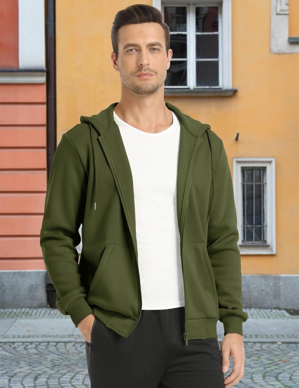 imageMAGCOMSEN Mens Hoodies Full Zip Up Sweatshirt Fleece Lined Midweigt Hooded Jacket with Pockets Casual Sports SweaterArmy Green