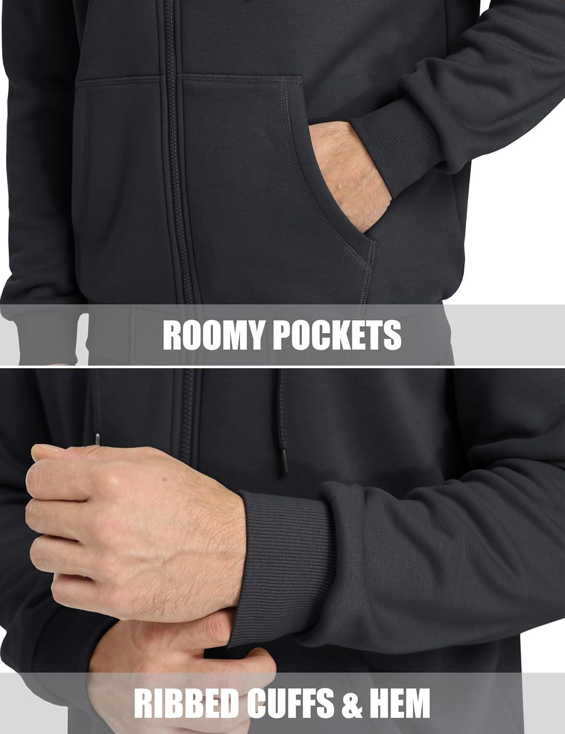 imageMAGCOMSEN Mens Hoodies Full Zip Up Sweatshirt Fleece Lined Midweigt Hooded Jacket with Pockets Casual Sports SweaterBlack