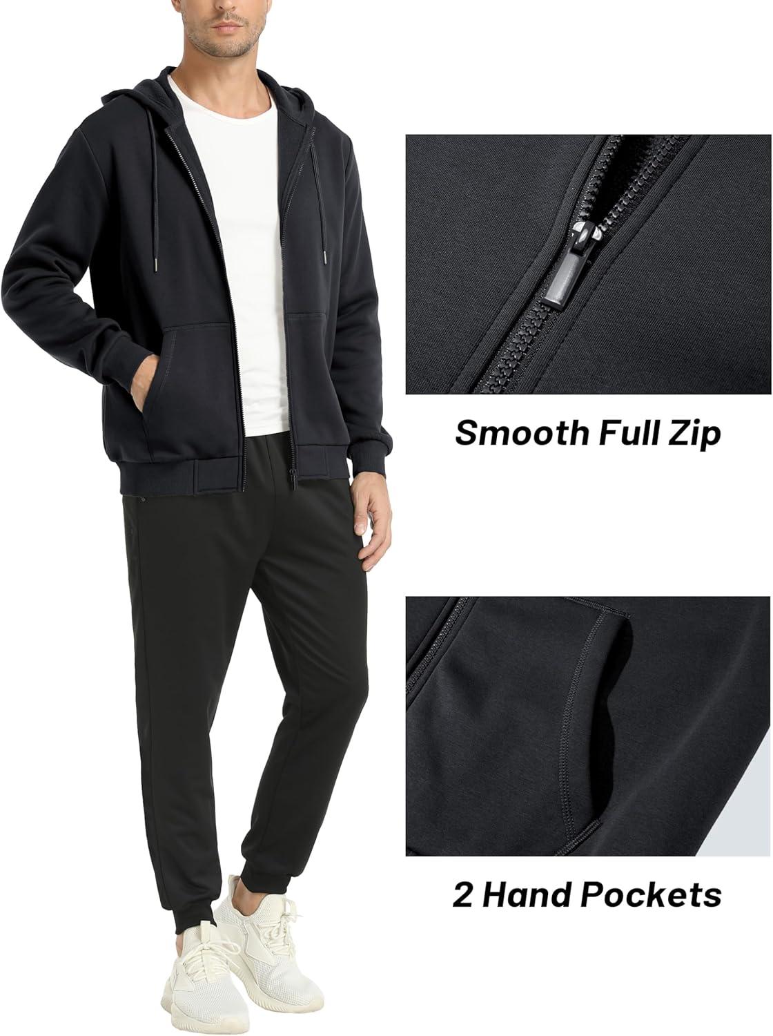 imageMAGCOMSEN Mens Hoodies Full Zip Up Sweatshirt Fleece Lined Midweigt Hooded Jacket with Pockets Casual Sports SweaterBlack