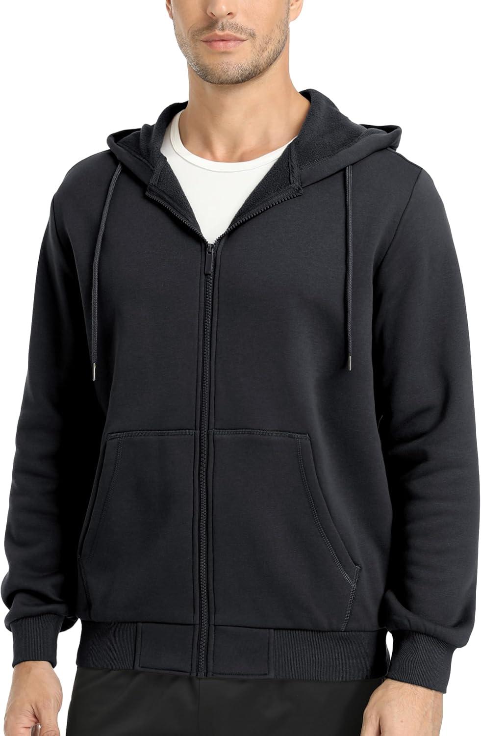 imageMAGCOMSEN Mens Hoodies Full Zip Up Sweatshirt Fleece Lined Midweigt Hooded Jacket with Pockets Casual Sports SweaterBlack