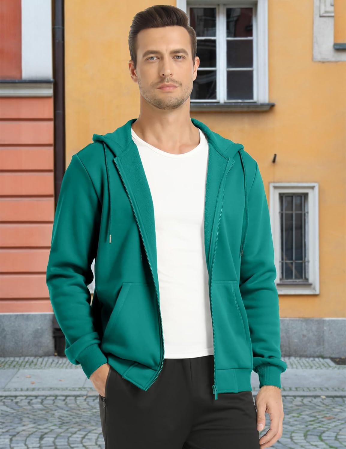 imageMAGCOMSEN Mens Hoodies Full Zip Up Sweatshirt Fleece Lined Midweigt Hooded Jacket with Pockets Casual Sports SweaterEmerald Green