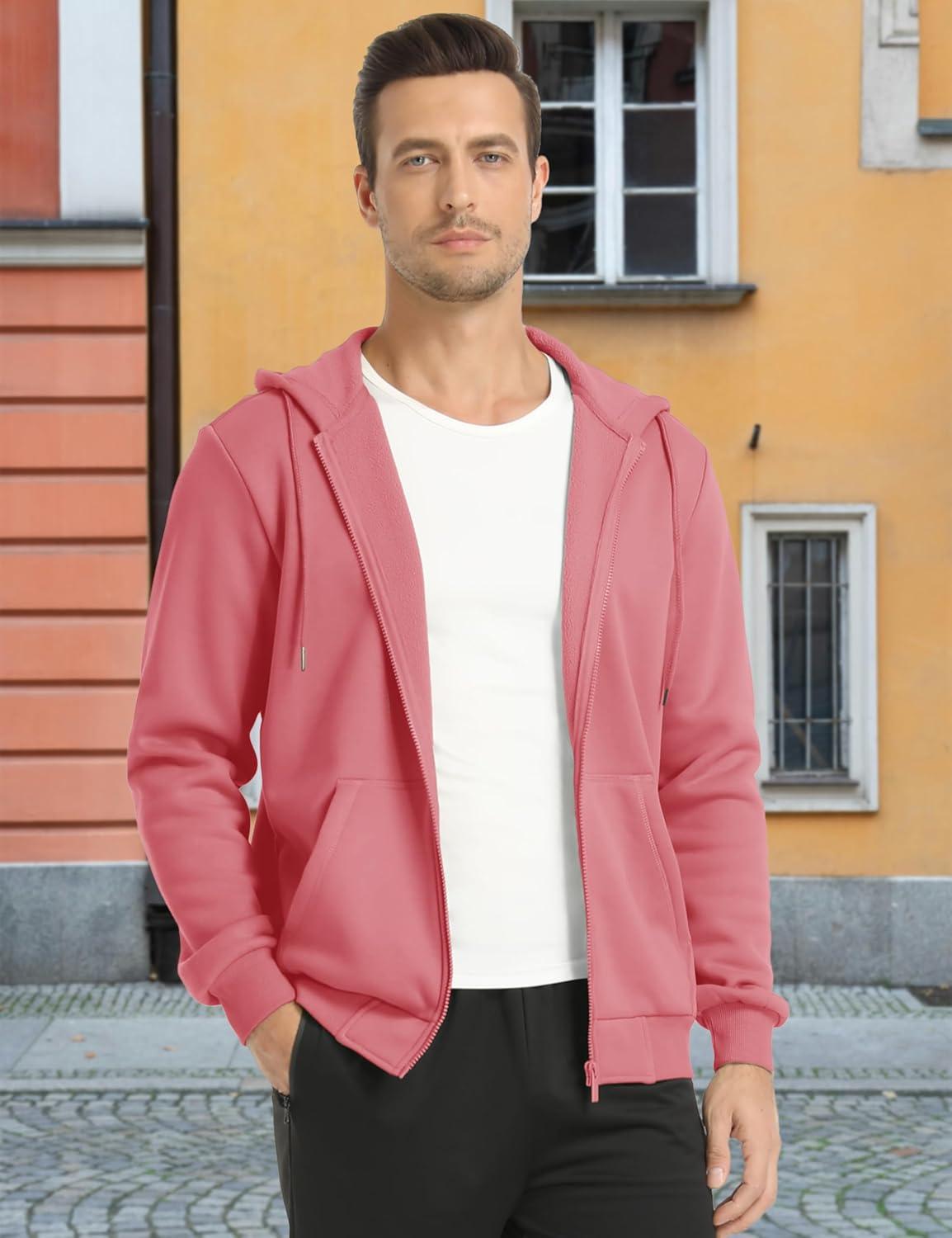 imageMAGCOMSEN Mens Hoodies Full Zip Up Sweatshirt Fleece Lined Midweigt Hooded Jacket with Pockets Casual Sports SweaterGrey Pink