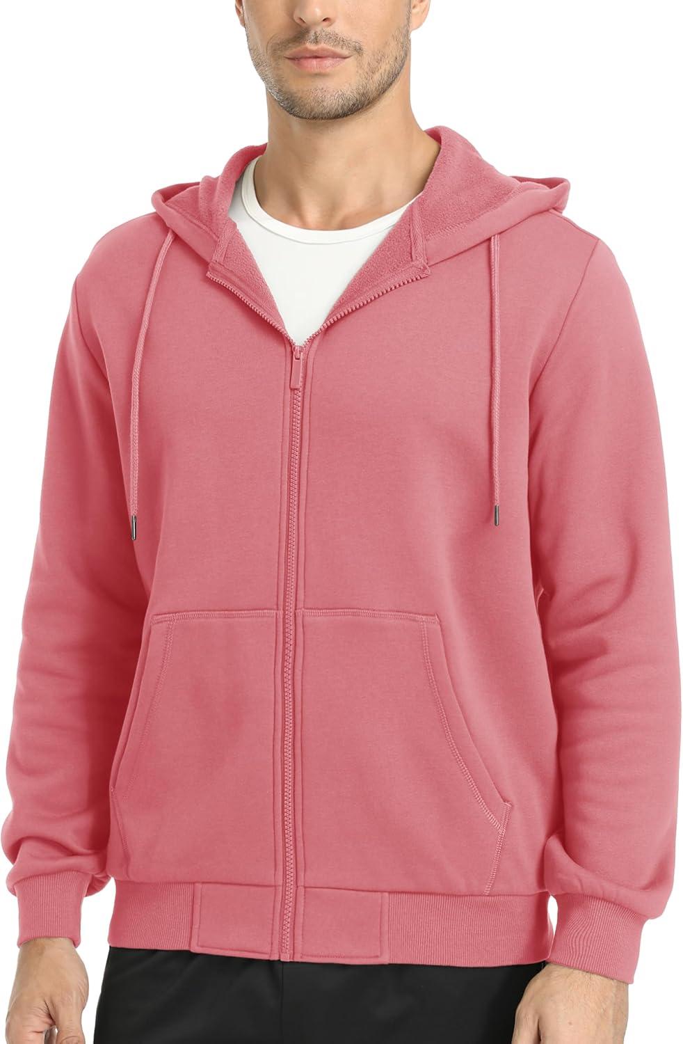 imageMAGCOMSEN Mens Hoodies Full Zip Up Sweatshirt Fleece Lined Midweigt Hooded Jacket with Pockets Casual Sports SweaterGrey Pink