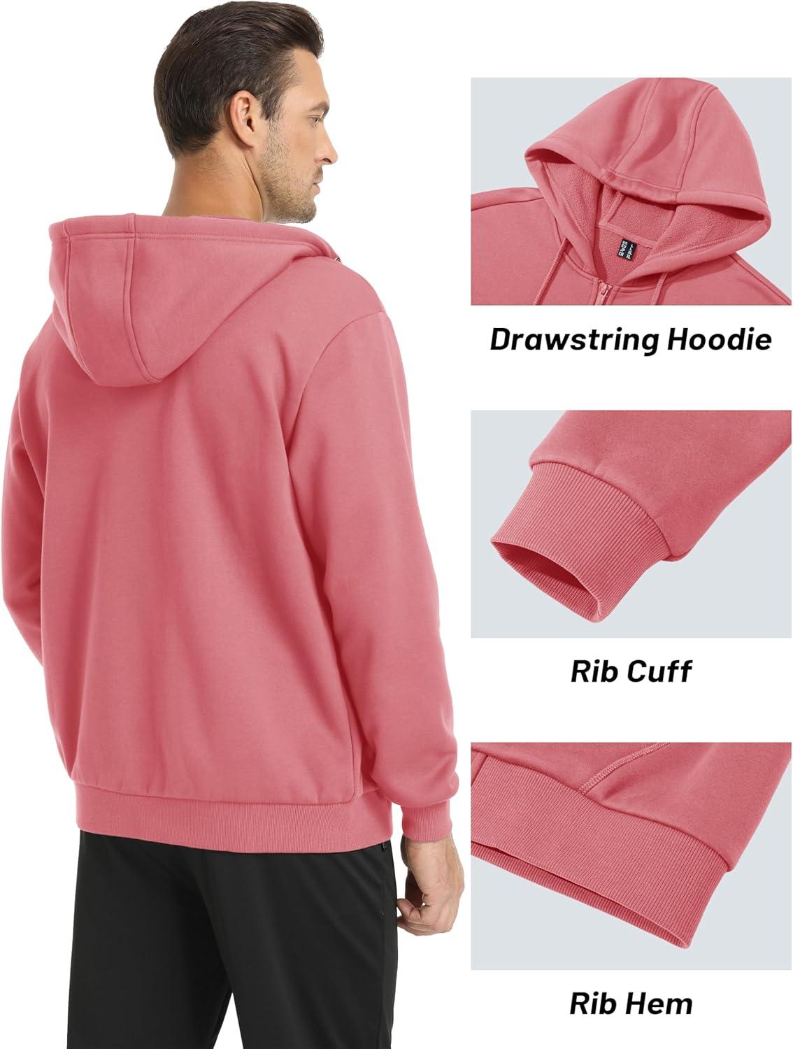 imageMAGCOMSEN Mens Hoodies Full Zip Up Sweatshirt Fleece Lined Midweigt Hooded Jacket with Pockets Casual Sports SweaterGrey Pink