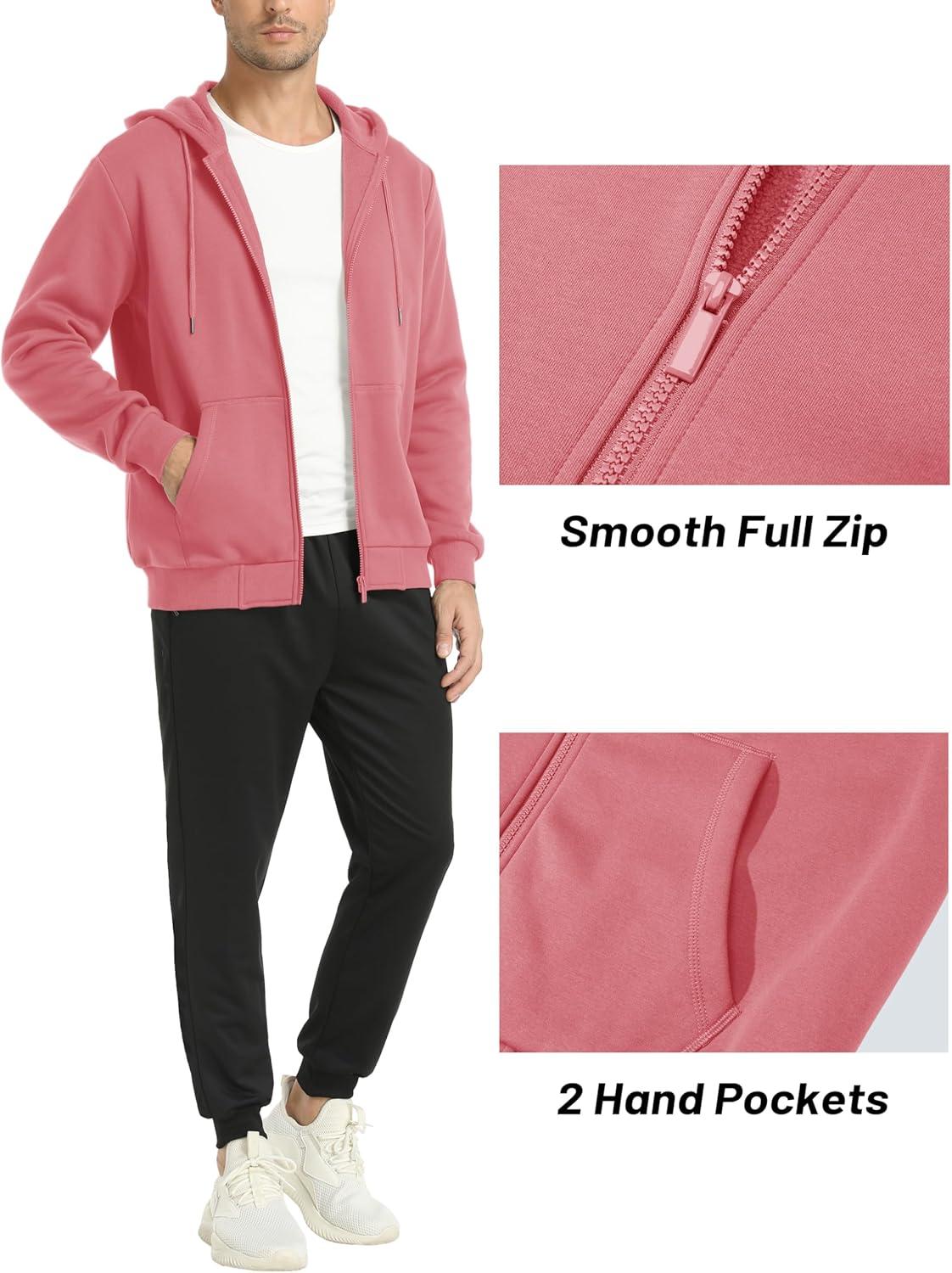 imageMAGCOMSEN Mens Hoodies Full Zip Up Sweatshirt Fleece Lined Midweigt Hooded Jacket with Pockets Casual Sports SweaterGrey Pink