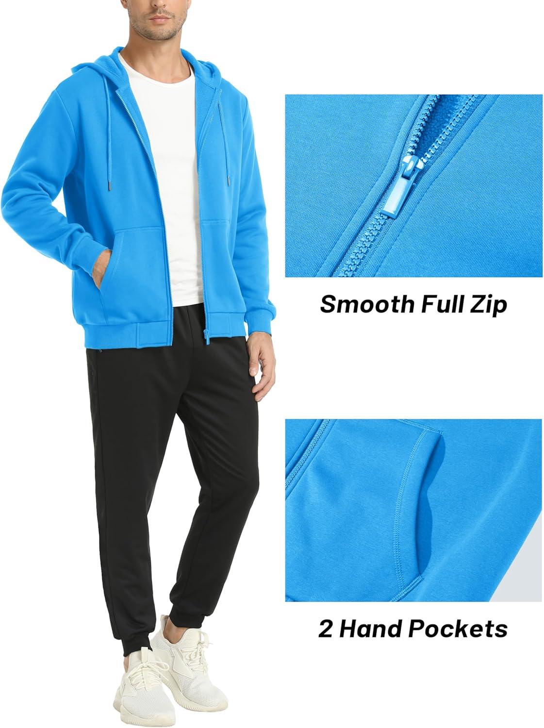 imageMAGCOMSEN Mens Hoodies Full Zip Up Sweatshirt Fleece Lined Midweigt Hooded Jacket with Pockets Casual Sports SweaterIce Blue