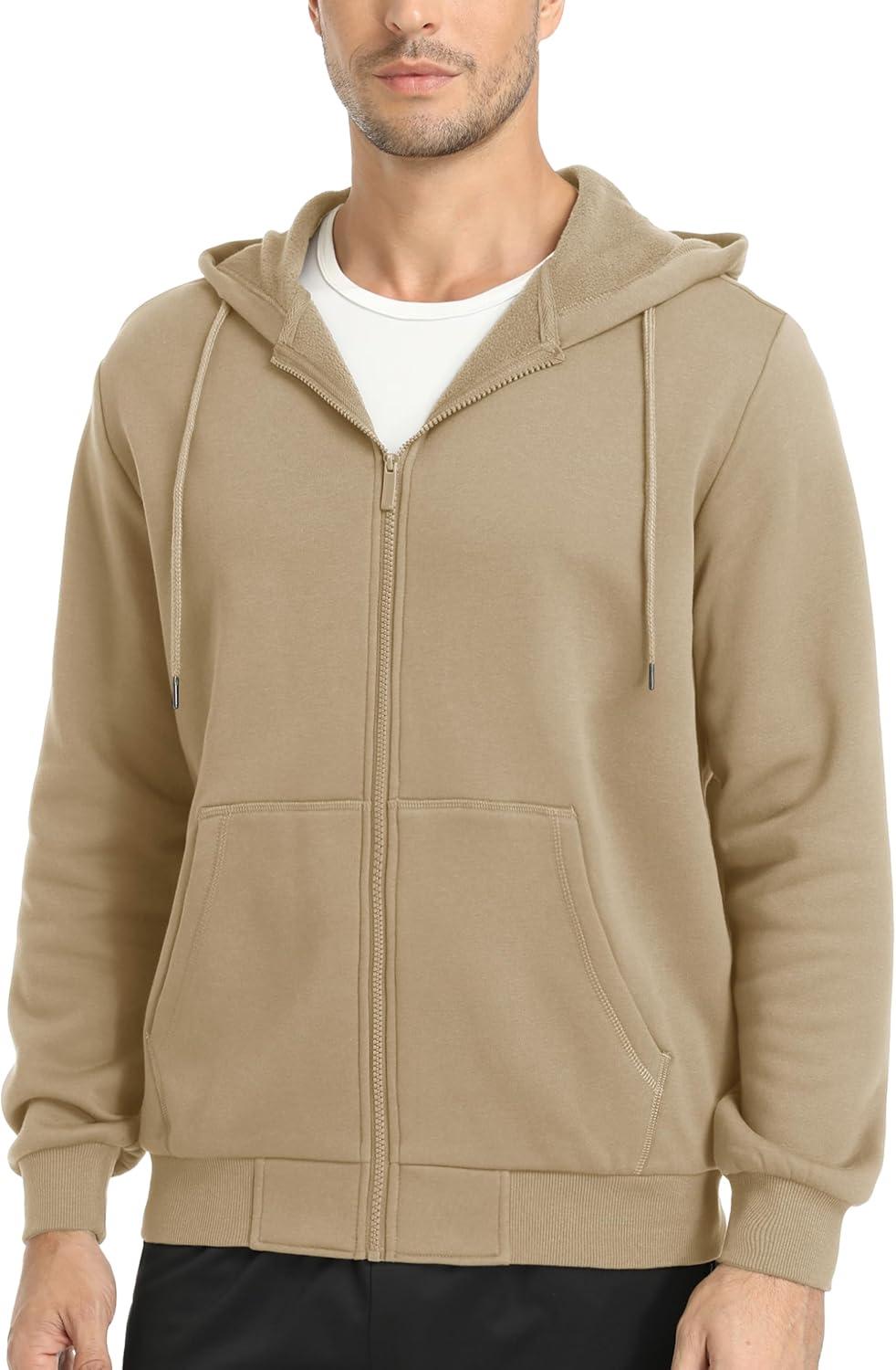 imageMAGCOMSEN Mens Hoodies Full Zip Up Sweatshirt Fleece Lined Midweigt Hooded Jacket with Pockets Casual Sports SweaterKhaki