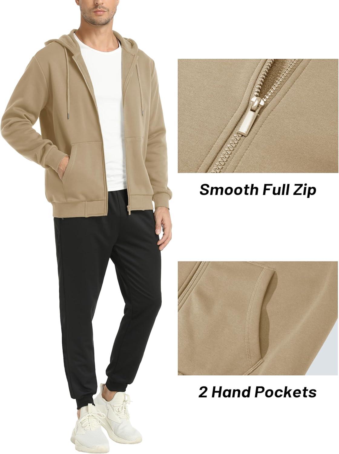 imageMAGCOMSEN Mens Hoodies Full Zip Up Sweatshirt Fleece Lined Midweigt Hooded Jacket with Pockets Casual Sports SweaterKhaki