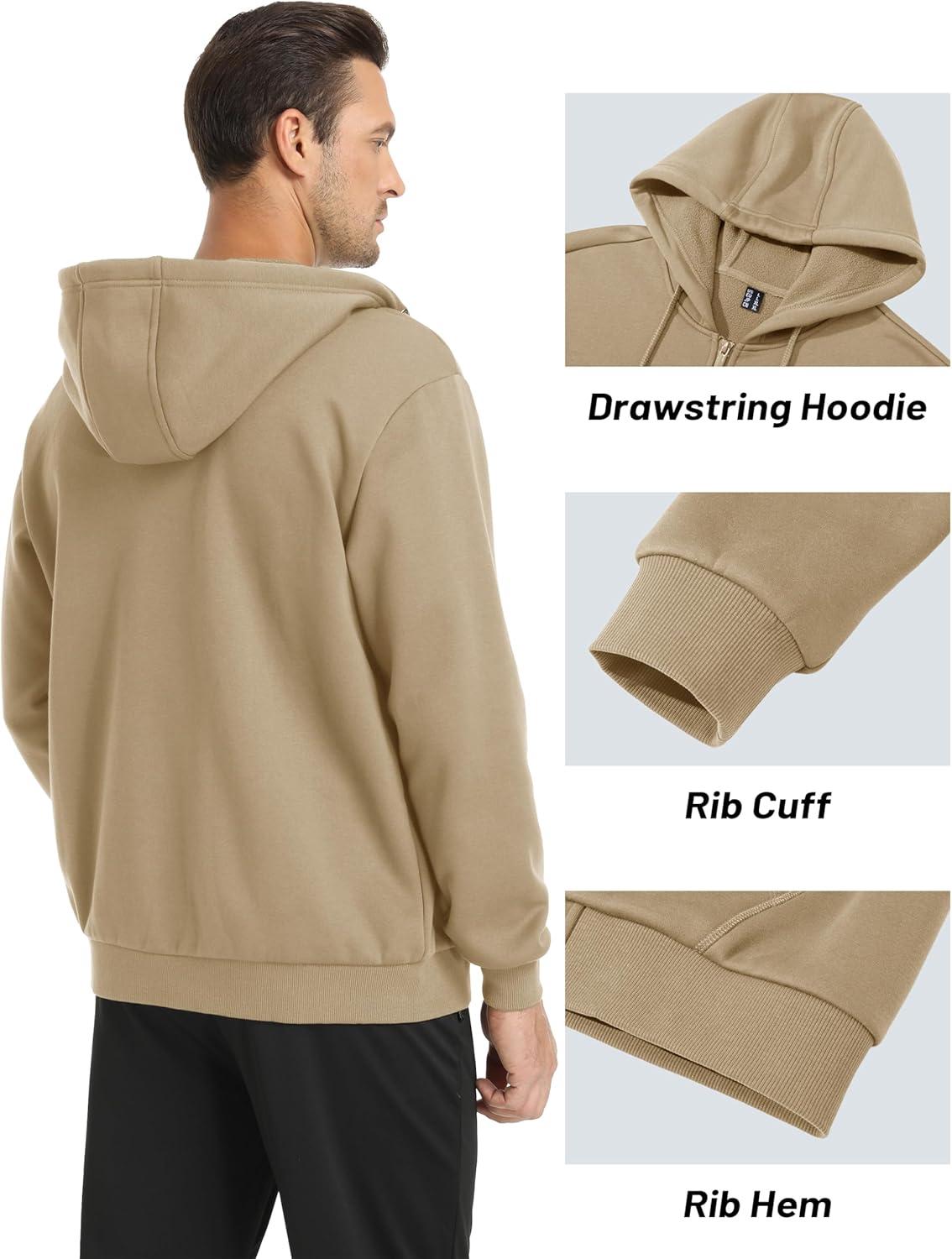 imageMAGCOMSEN Mens Hoodies Full Zip Up Sweatshirt Fleece Lined Midweigt Hooded Jacket with Pockets Casual Sports SweaterKhaki