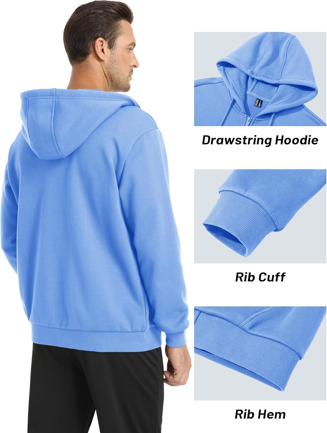 imageMAGCOMSEN Mens Hoodies Full Zip Up Sweatshirt Fleece Lined Midweigt Hooded Jacket with Pockets Casual Sports SweaterLight Blue
