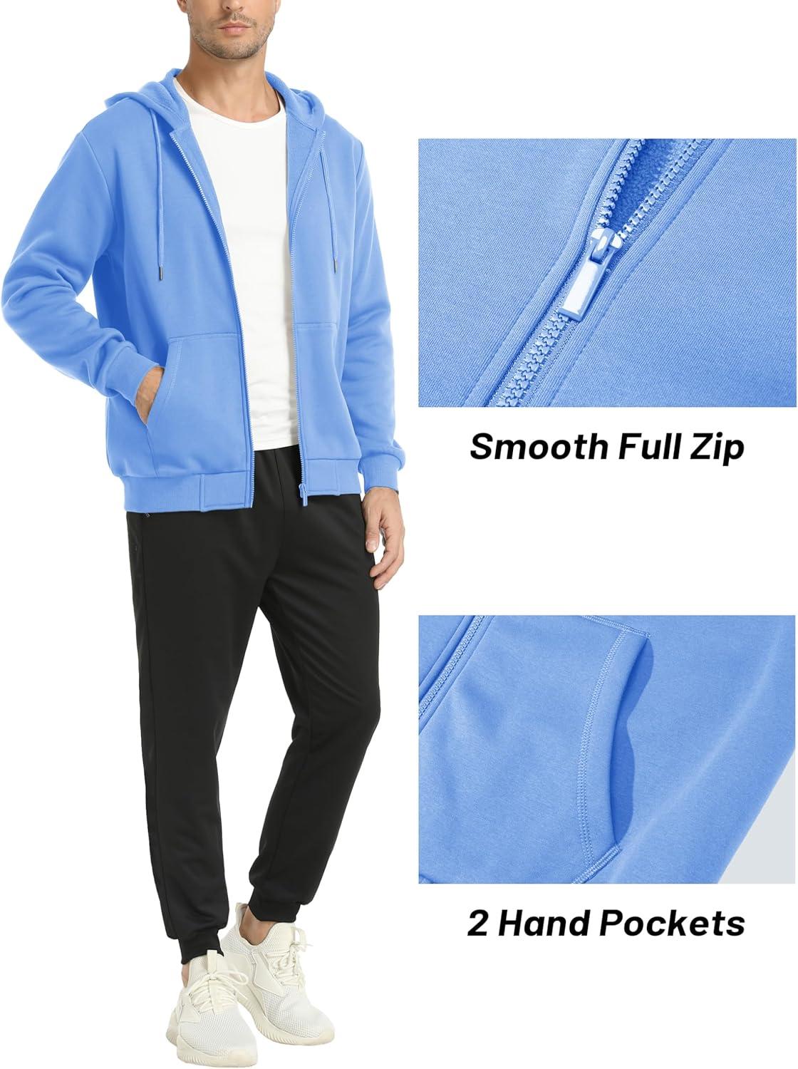 imageMAGCOMSEN Mens Hoodies Full Zip Up Sweatshirt Fleece Lined Midweigt Hooded Jacket with Pockets Casual Sports SweaterLight Blue