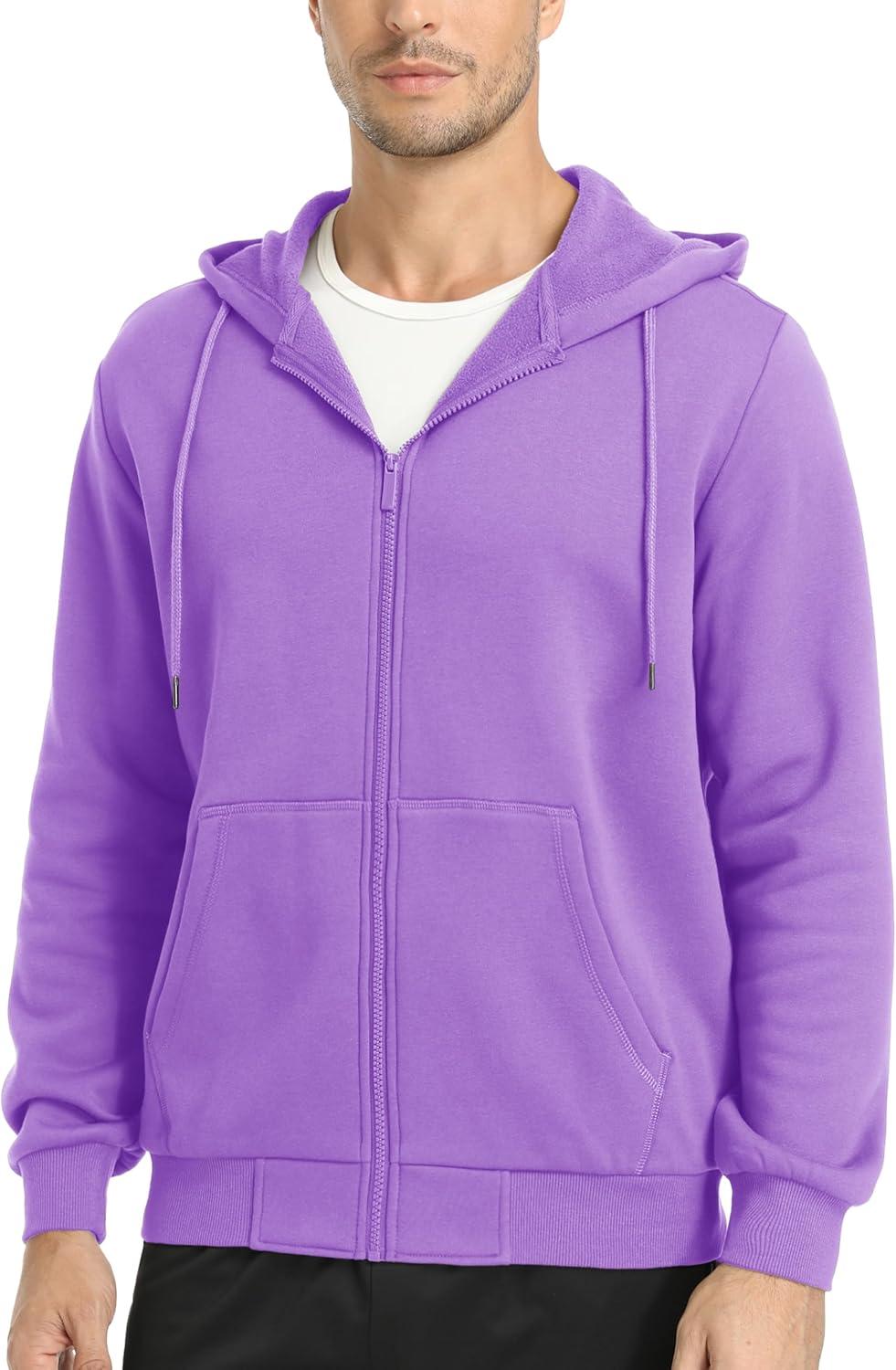 imageMAGCOMSEN Mens Hoodies Full Zip Up Sweatshirt Fleece Lined Midweigt Hooded Jacket with Pockets Casual Sports SweaterLight Purple