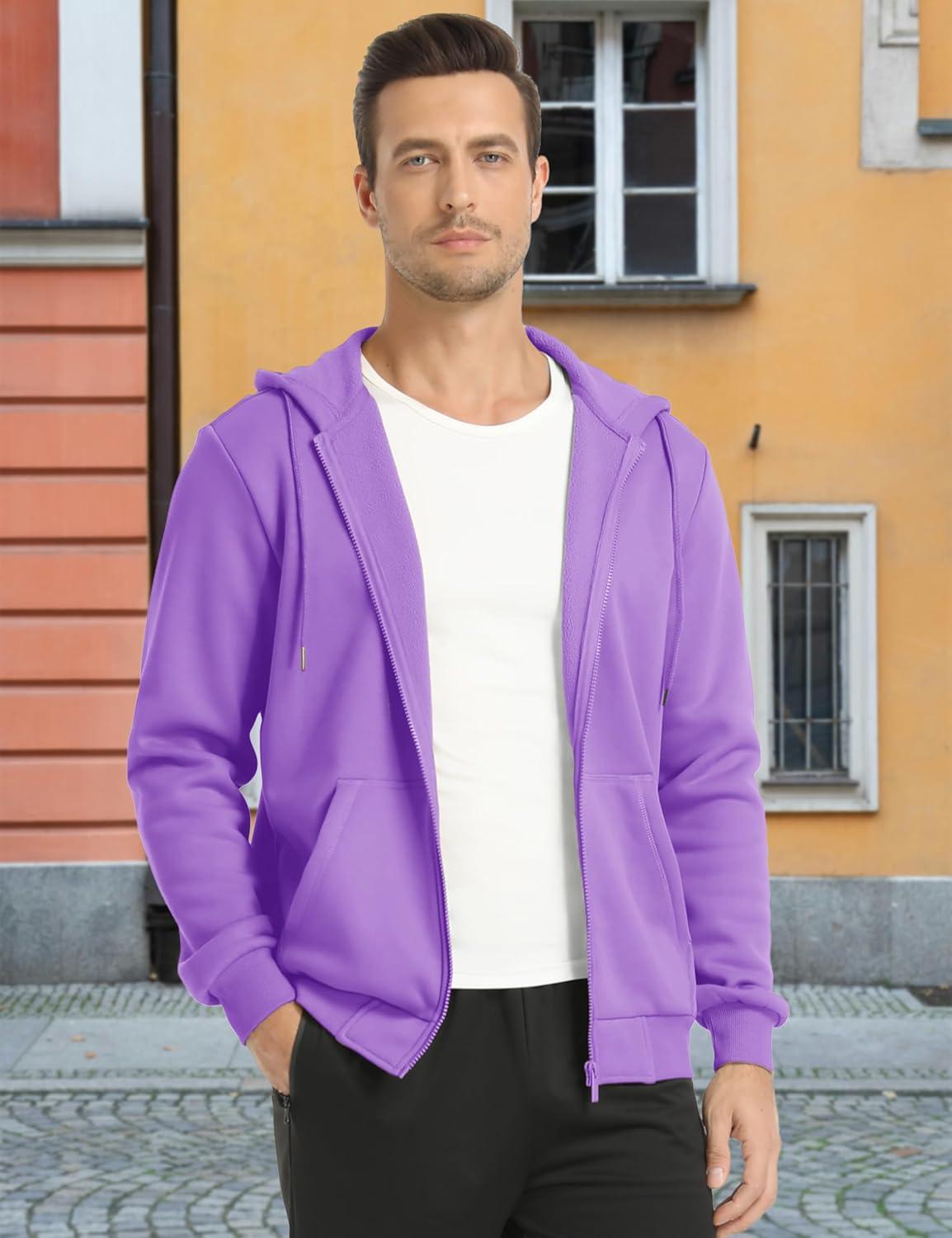 imageMAGCOMSEN Mens Hoodies Full Zip Up Sweatshirt Fleece Lined Midweigt Hooded Jacket with Pockets Casual Sports SweaterLight Purple