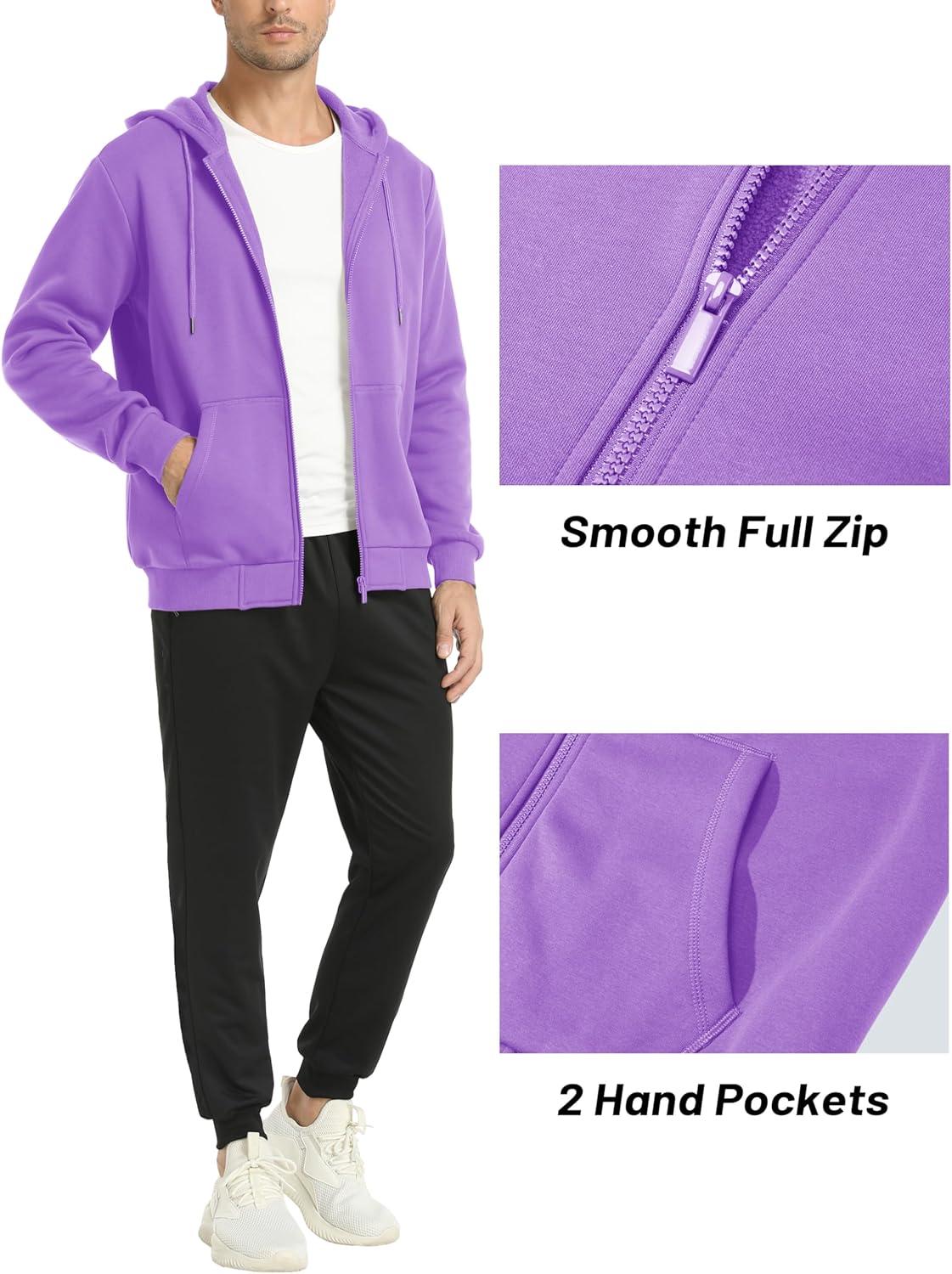 imageMAGCOMSEN Mens Hoodies Full Zip Up Sweatshirt Fleece Lined Midweigt Hooded Jacket with Pockets Casual Sports SweaterLight Purple