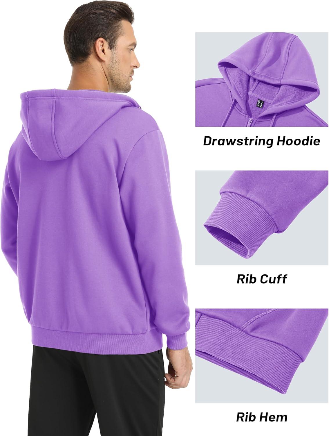 imageMAGCOMSEN Mens Hoodies Full Zip Up Sweatshirt Fleece Lined Midweigt Hooded Jacket with Pockets Casual Sports SweaterLight Purple