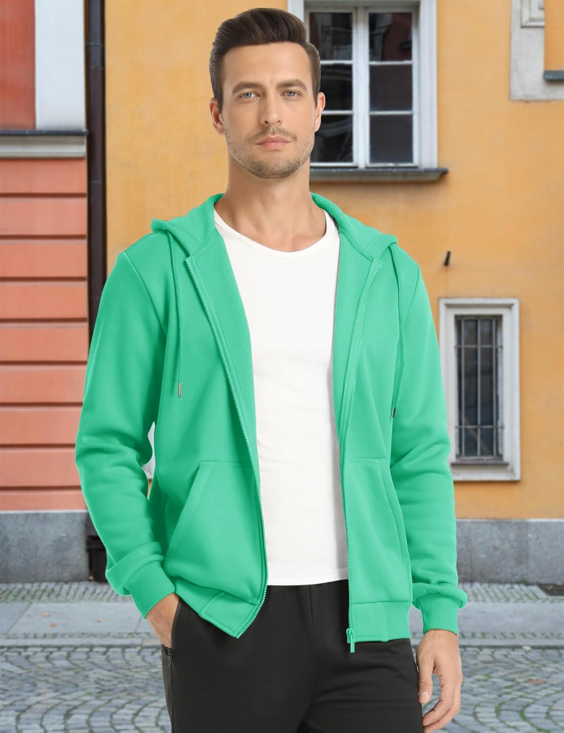 imageMAGCOMSEN Mens Hoodies Full Zip Up Sweatshirt Fleece Lined Midweigt Hooded Jacket with Pockets Casual Sports SweaterMint Green