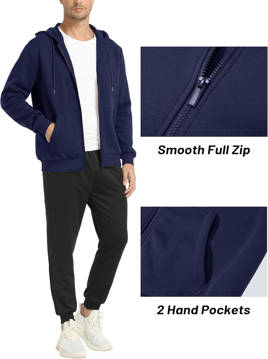 imageMAGCOMSEN Mens Hoodies Full Zip Up Sweatshirt Fleece Lined Midweigt Hooded Jacket with Pockets Casual Sports SweaterNavy