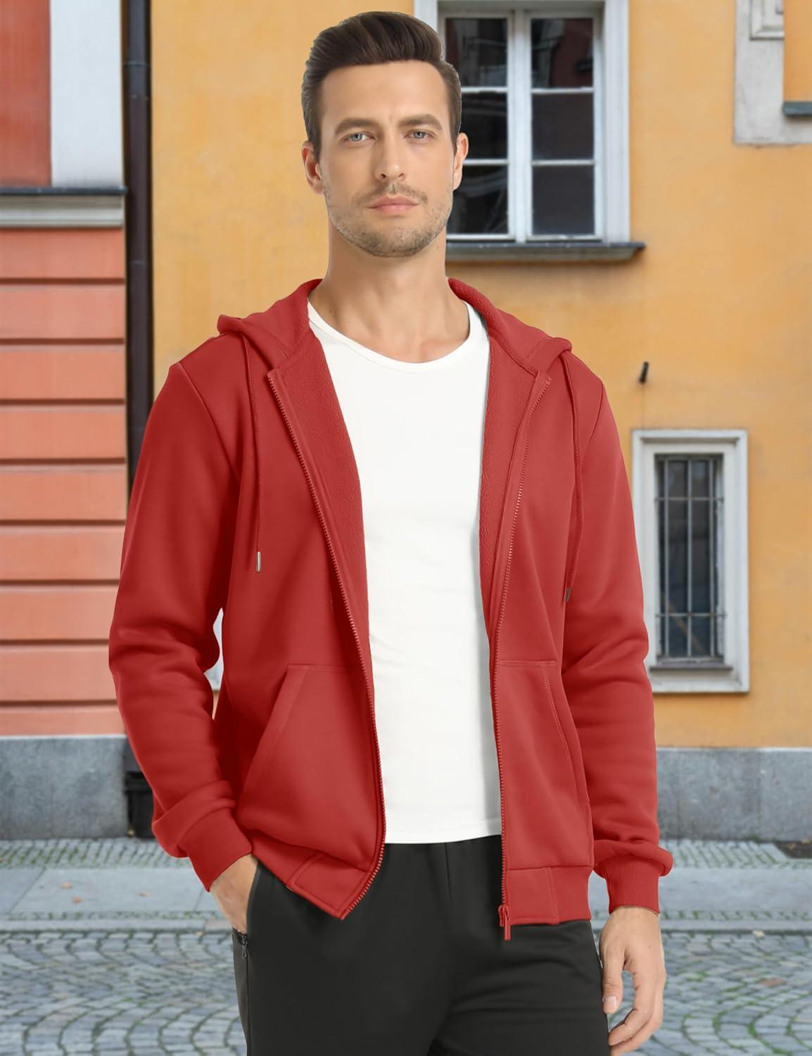 imageMAGCOMSEN Mens Hoodies Full Zip Up Sweatshirt Fleece Lined Midweigt Hooded Jacket with Pockets Casual Sports SweaterOrange Red