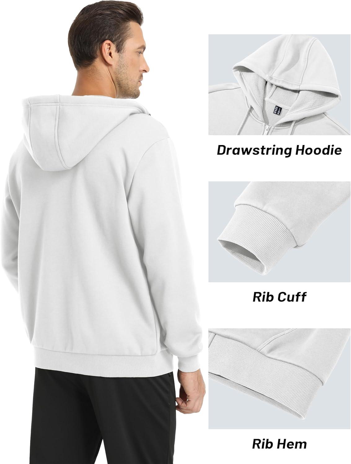 imageMAGCOMSEN Mens Hoodies Full Zip Up Sweatshirt Fleece Lined Midweigt Hooded Jacket with Pockets Casual Sports SweaterWhite