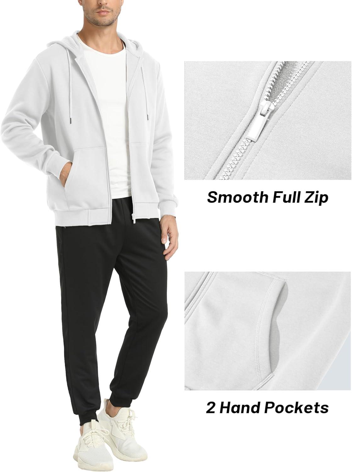 imageMAGCOMSEN Mens Hoodies Full Zip Up Sweatshirt Fleece Lined Midweigt Hooded Jacket with Pockets Casual Sports SweaterWhite