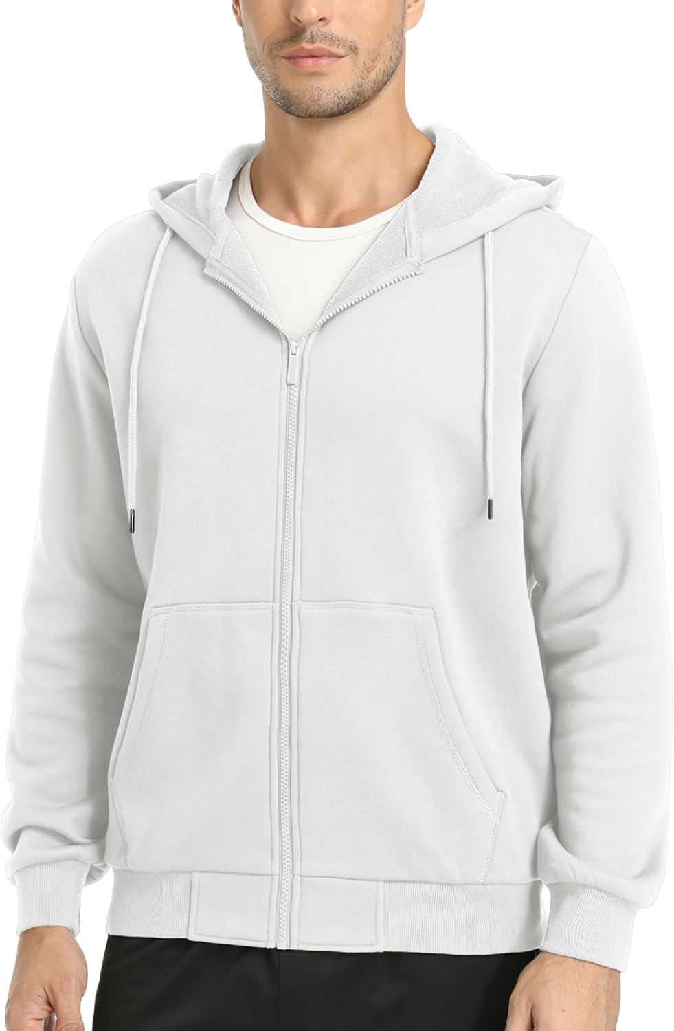 imageMAGCOMSEN Mens Hoodies Full Zip Up Sweatshirt Fleece Lined Midweigt Hooded Jacket with Pockets Casual Sports SweaterWhite