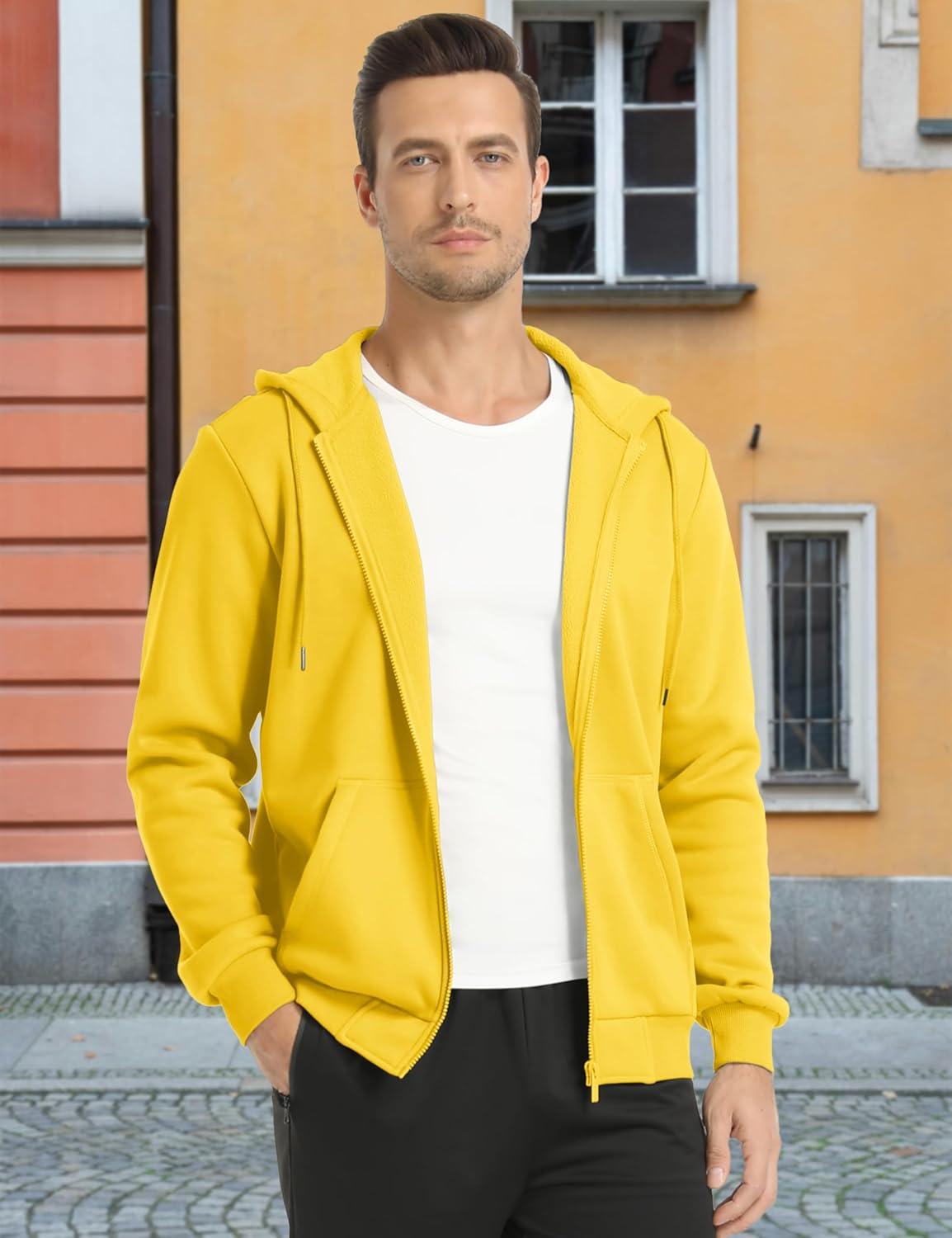imageMAGCOMSEN Mens Hoodies Full Zip Up Sweatshirt Fleece Lined Midweigt Hooded Jacket with Pockets Casual Sports SweaterYellow