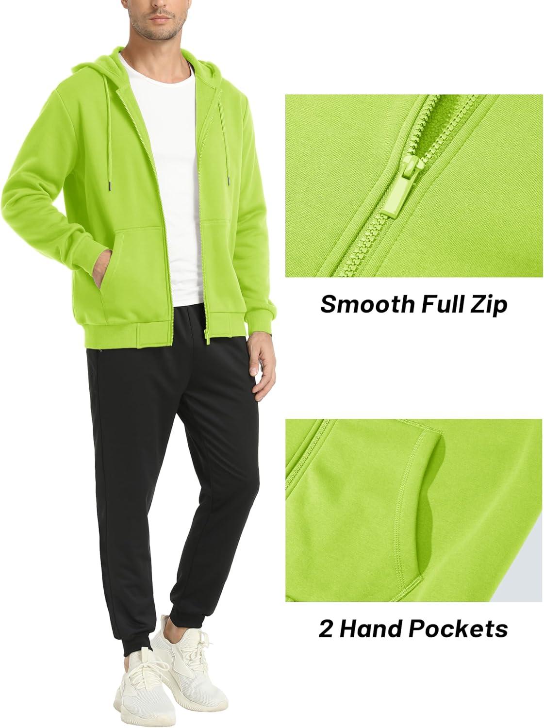 imageMAGCOMSEN Mens Hoodies Full Zip Up Sweatshirt Fleece Lined Midweigt Hooded Jacket with Pockets Casual Sports SweaterYellow Green