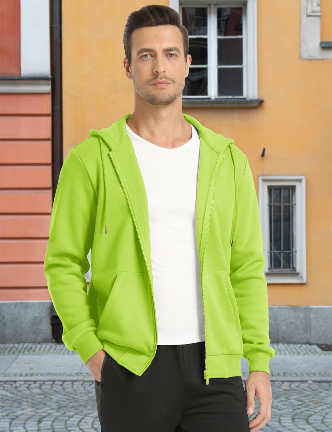 imageMAGCOMSEN Mens Hoodies Full Zip Up Sweatshirt Fleece Lined Midweigt Hooded Jacket with Pockets Casual Sports SweaterYellow Green