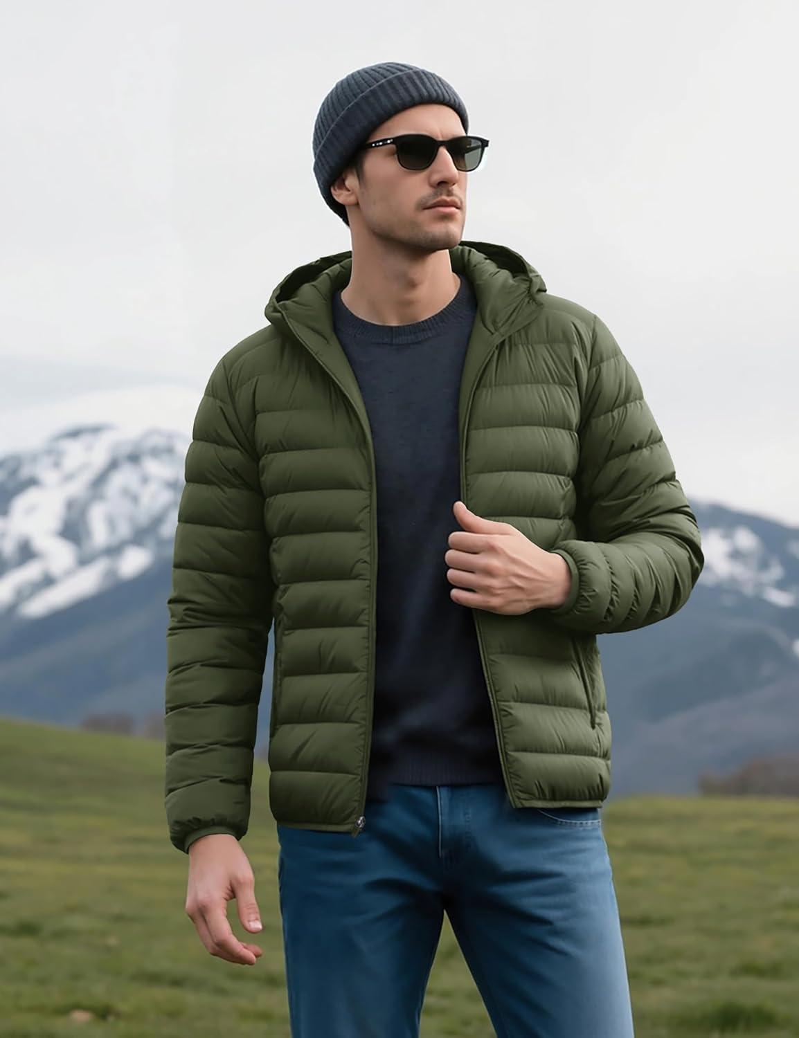 imageMAGCOMSEN Mens Lightweight Puffer Jacket Hooded Warm Winter Coat Quilted Lined WaterResistant Full Zip Bubble JacketsArmy Green
