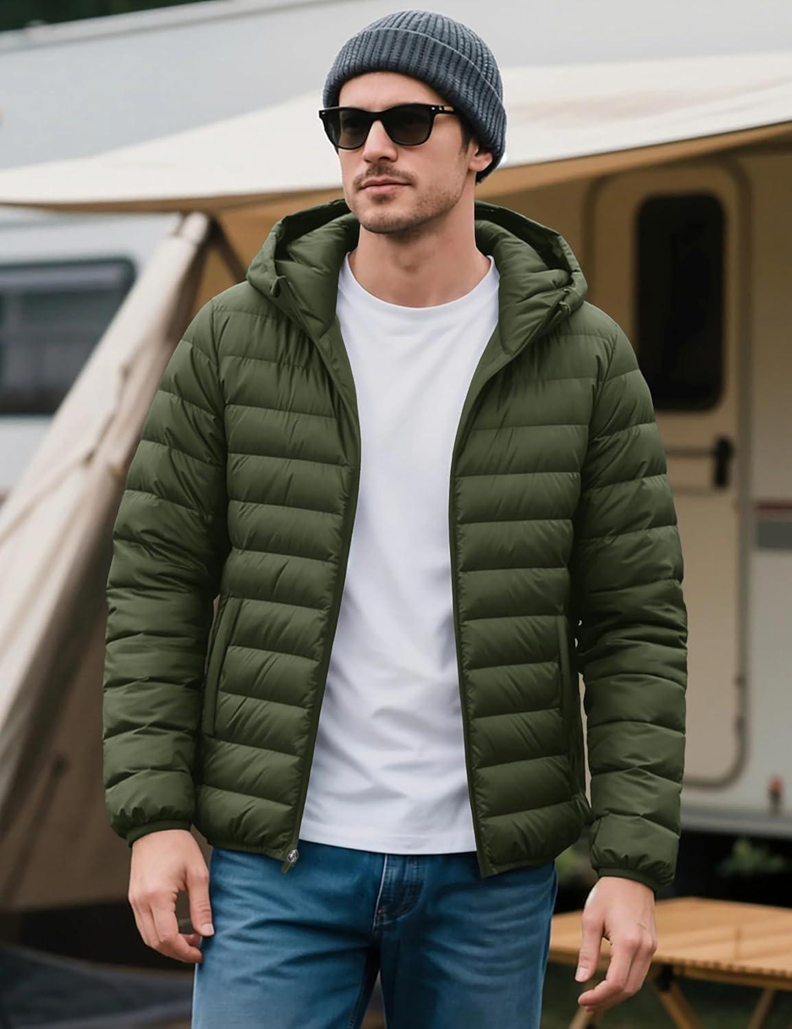 imageMAGCOMSEN Mens Lightweight Puffer Jacket Hooded Warm Winter Coat Quilted Lined WaterResistant Full Zip Bubble JacketsArmy Green