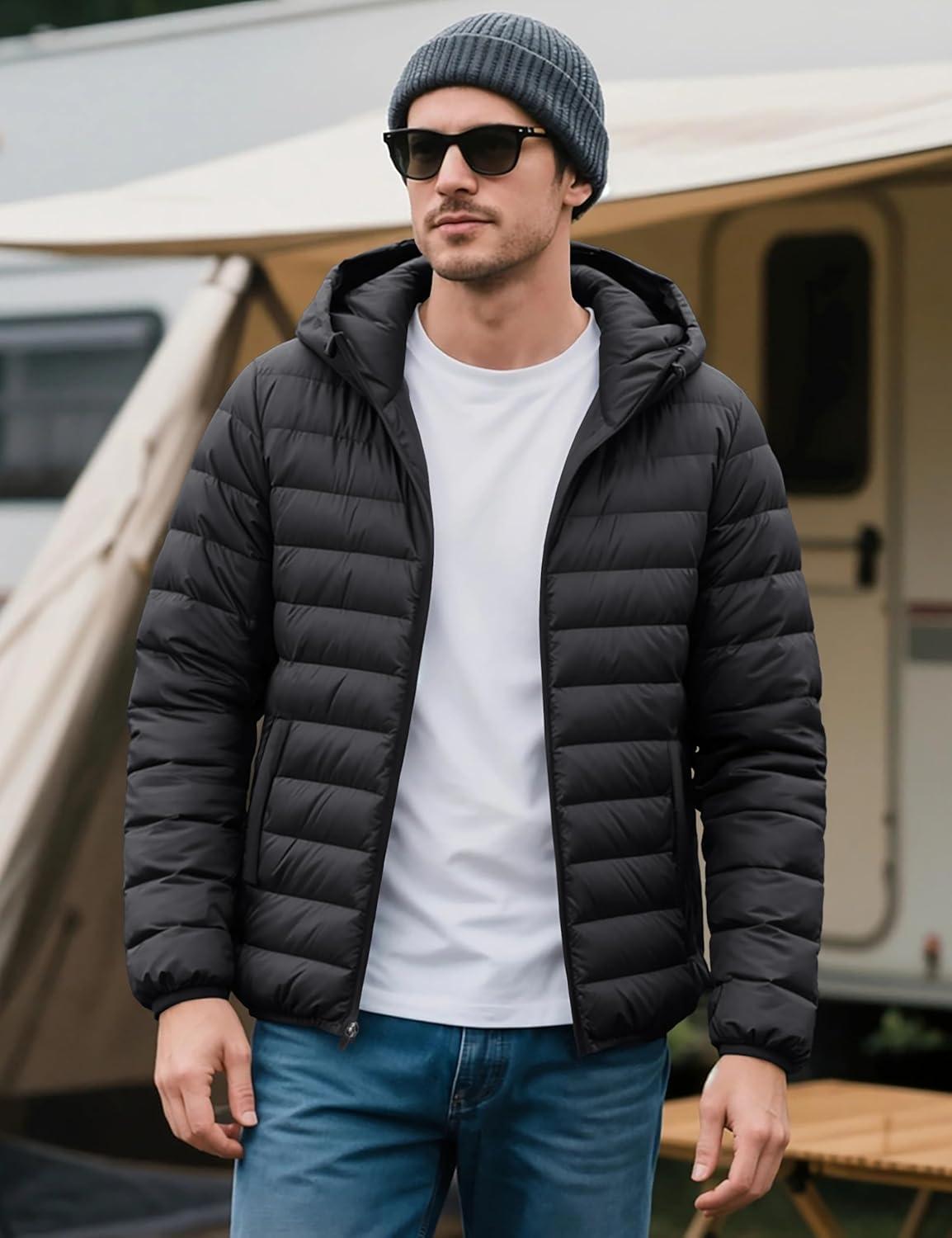 imageMAGCOMSEN Mens Lightweight Puffer Jacket Hooded Warm Winter Coat Quilted Lined WaterResistant Full Zip Bubble JacketsBlack