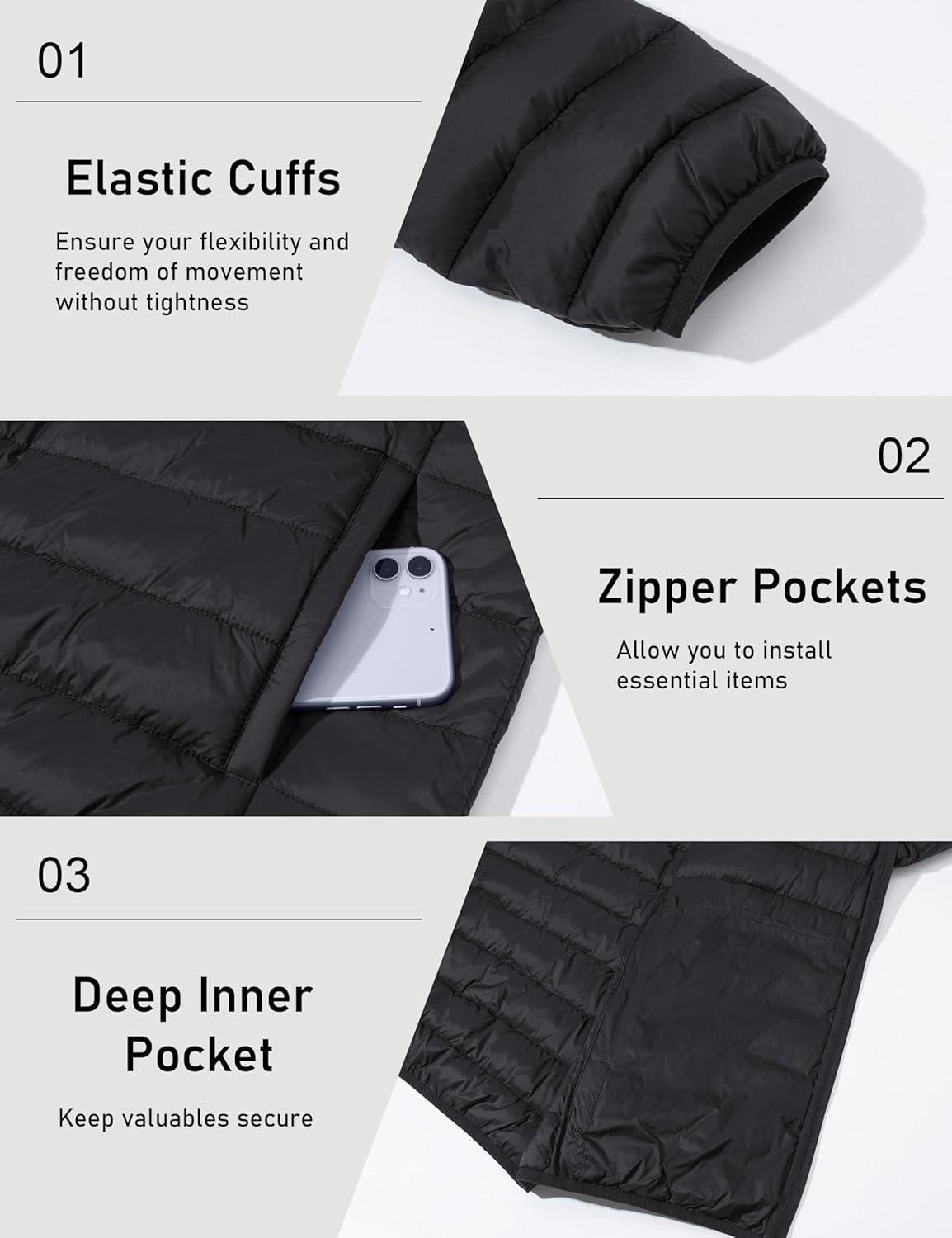 imageMAGCOMSEN Mens Lightweight Puffer Jacket Hooded Warm Winter Coat Quilted Lined WaterResistant Full Zip Bubble JacketsBlack
