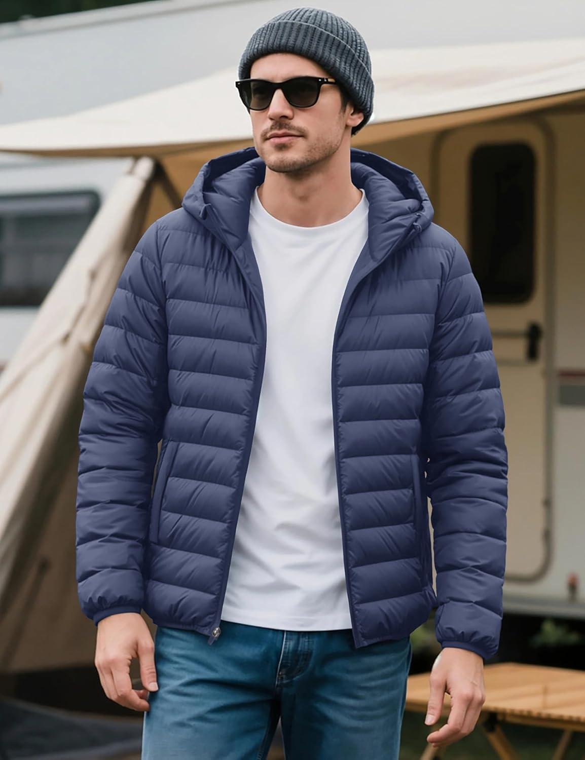 imageMAGCOMSEN Mens Lightweight Puffer Jacket Hooded Warm Winter Coat Quilted Lined WaterResistant Full Zip Bubble JacketsBlue Grey