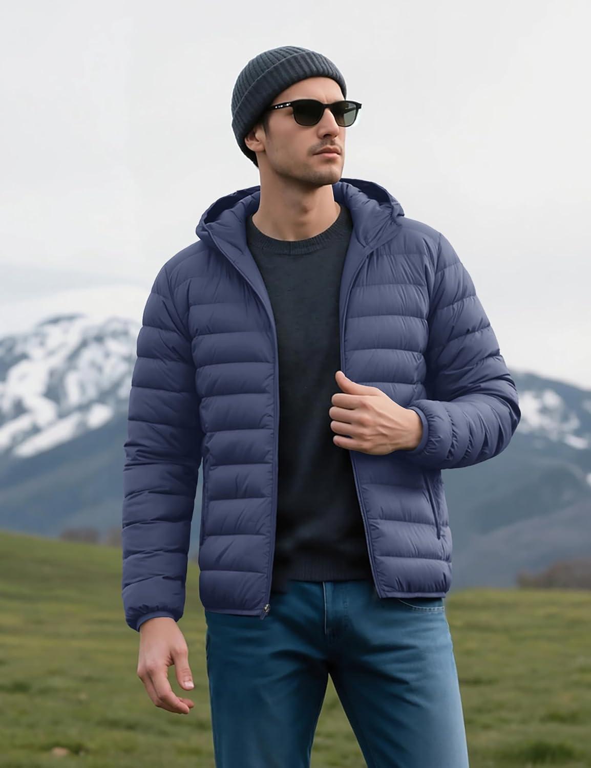 imageMAGCOMSEN Mens Lightweight Puffer Jacket Hooded Warm Winter Coat Quilted Lined WaterResistant Full Zip Bubble JacketsBlue Grey