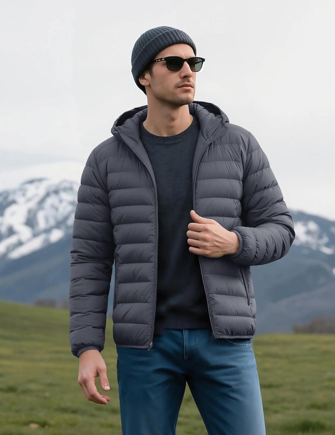 imageMAGCOMSEN Mens Lightweight Puffer Jacket Hooded Warm Winter Coat Quilted Lined WaterResistant Full Zip Bubble JacketsDark Grey